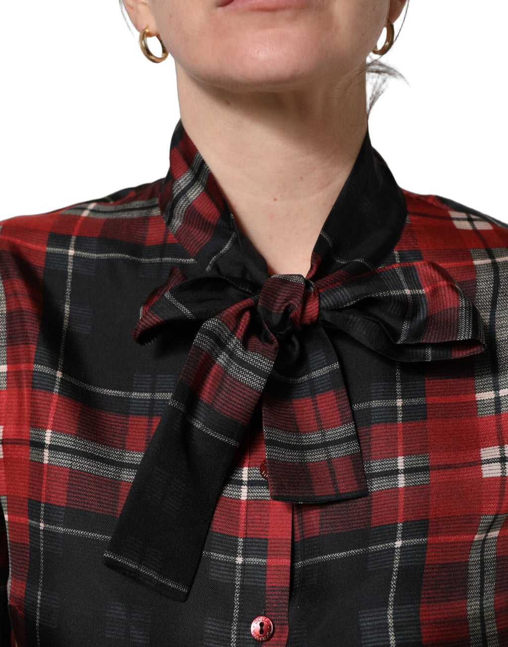 Dolce & Gabbana Seidenbluse mit Schleife und Karomuster in Rot und Schwarz