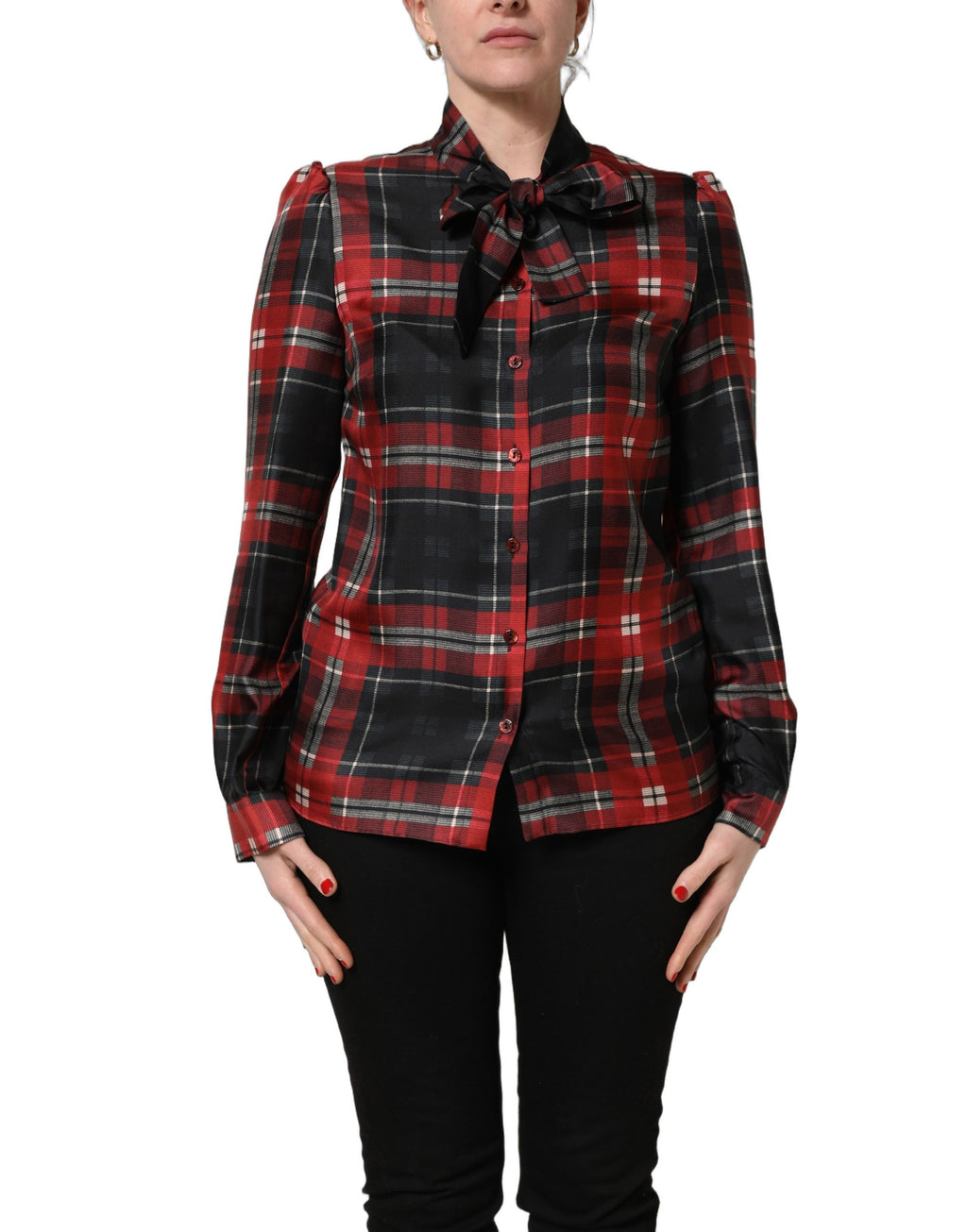 Dolce & Gabbana Seidenbluse mit Schleife und Karomuster in Rot und Schwarz