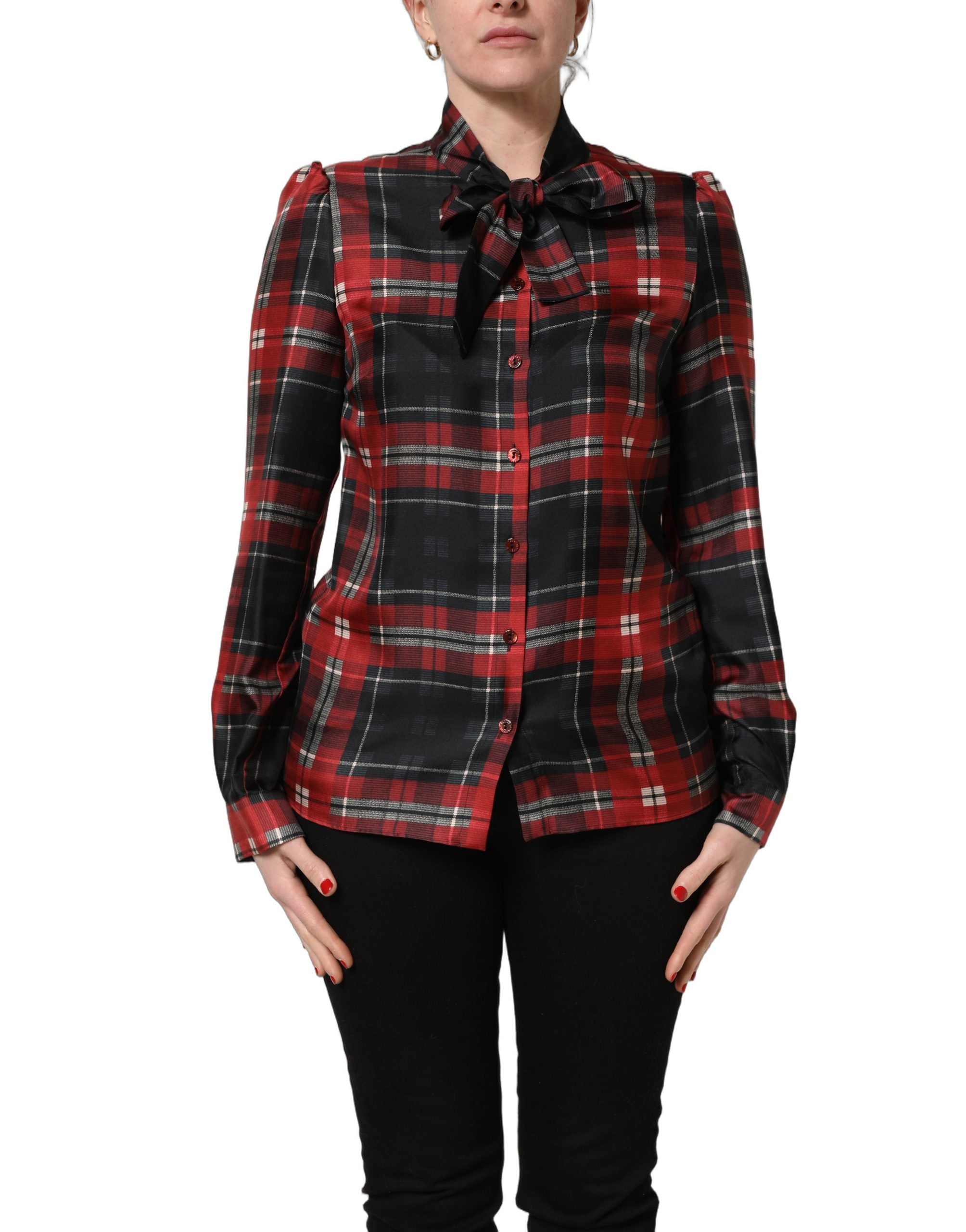Dolce & Gabbana Seidenbluse mit Schleife und Karomuster in Rot und Schwarz