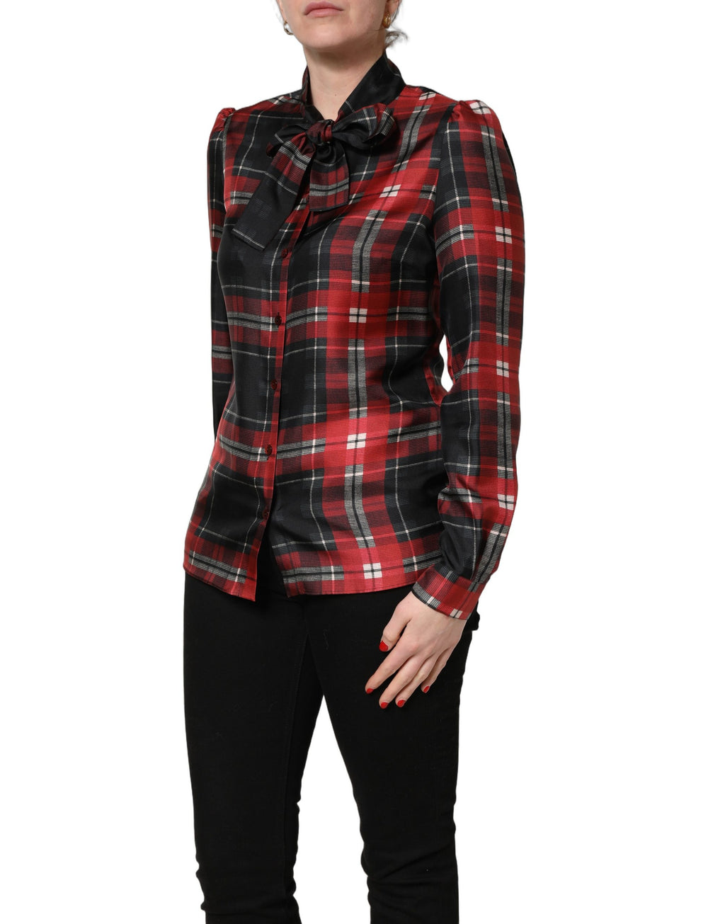 Dolce & Gabbana Seidenbluse mit Schleife und Karomuster in Rot und Schwarz