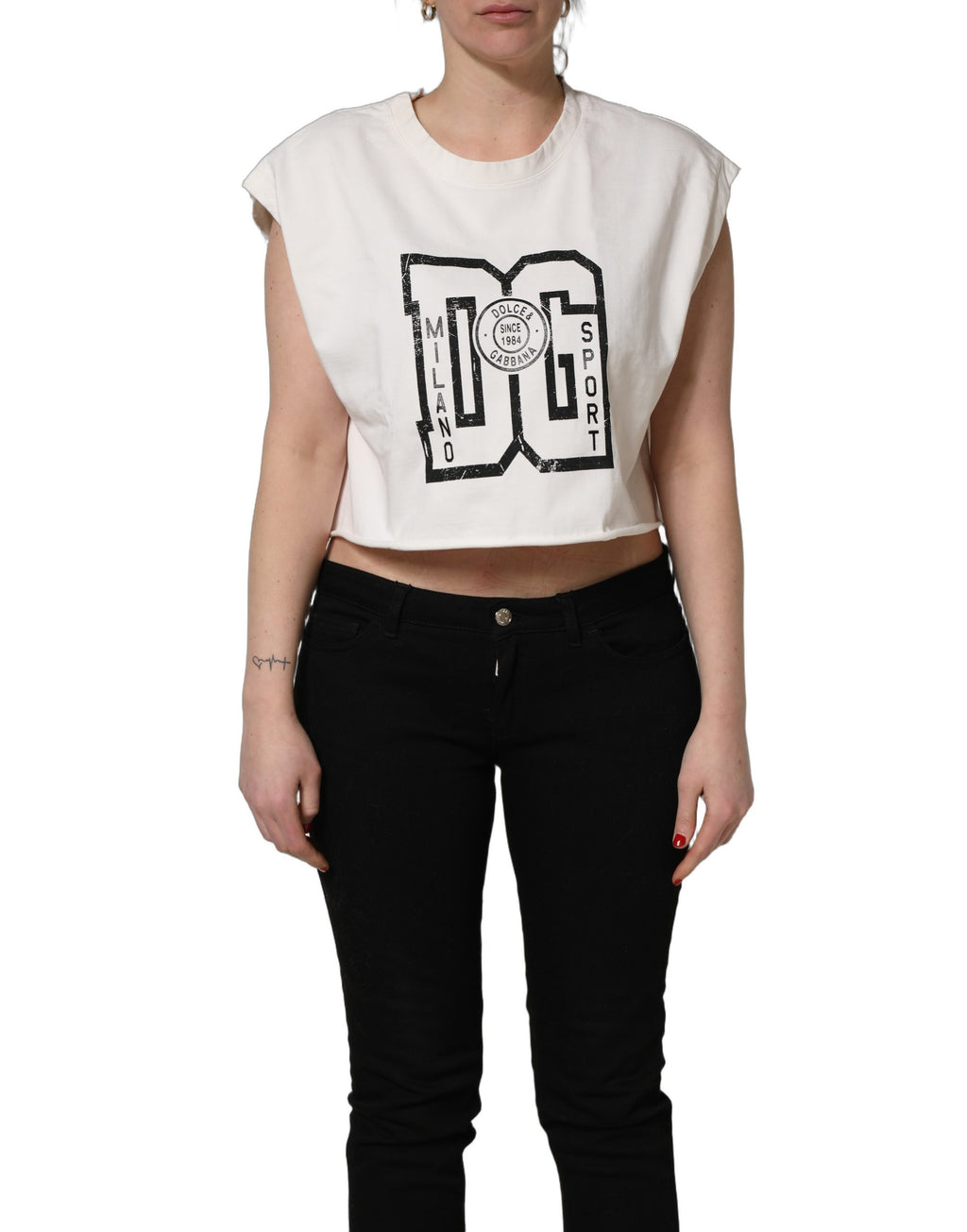 Dolce & Gabbana Weißes Baumwoll-Cropped-Jersey-Top mit DG-Logo-Print