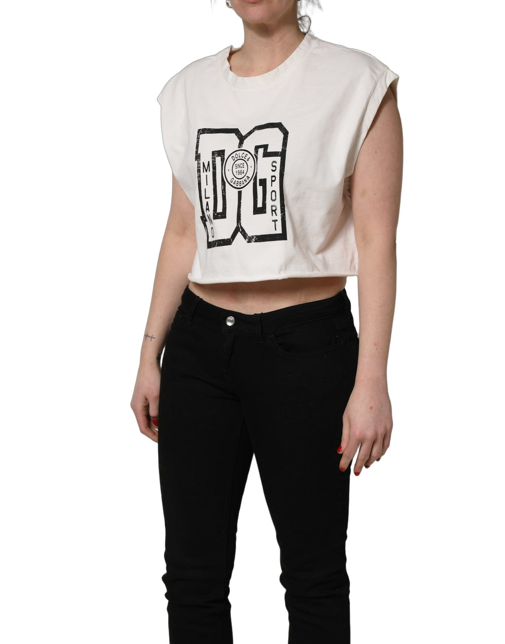 Dolce & Gabbana Weißes Baumwoll-Cropped-Jersey-Top mit DG-Logo-Print