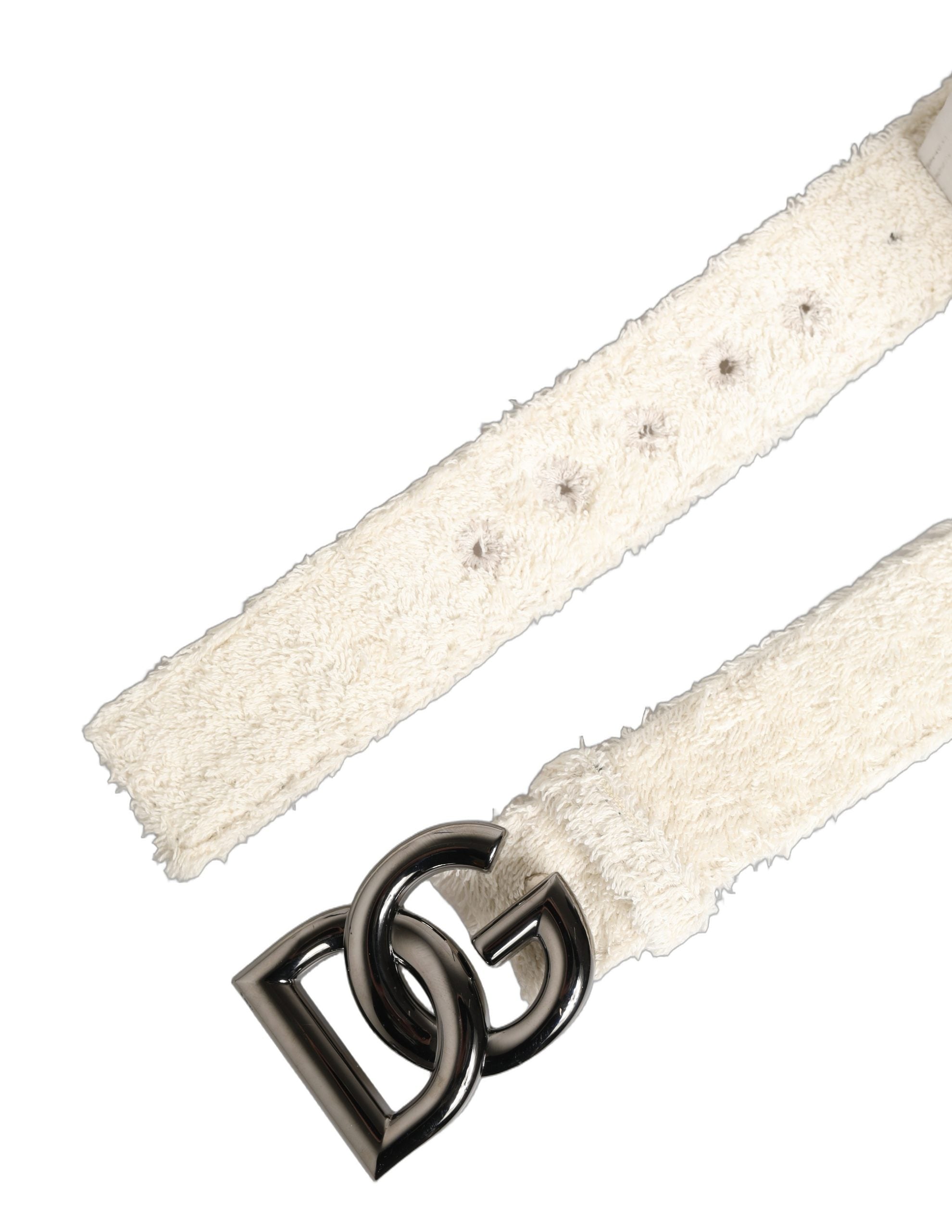 Dolce & Gabbana Weißes Baumwollfleece Gürtel mit DG-Logo und Metallschnalle