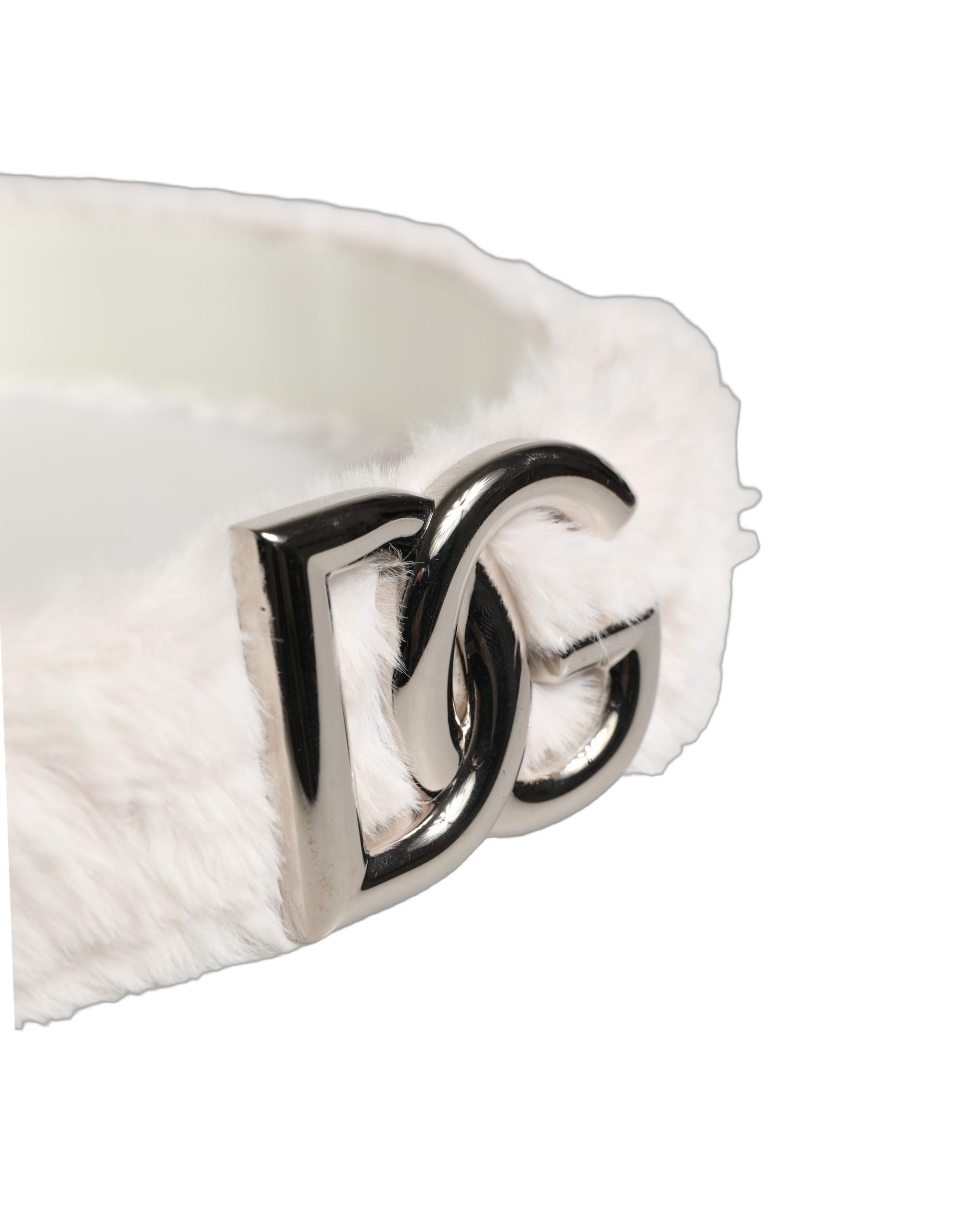 Dolce & Gabbana Gürtel aus weißem Fleece mit silberner DG-Logo-Metallschnalle