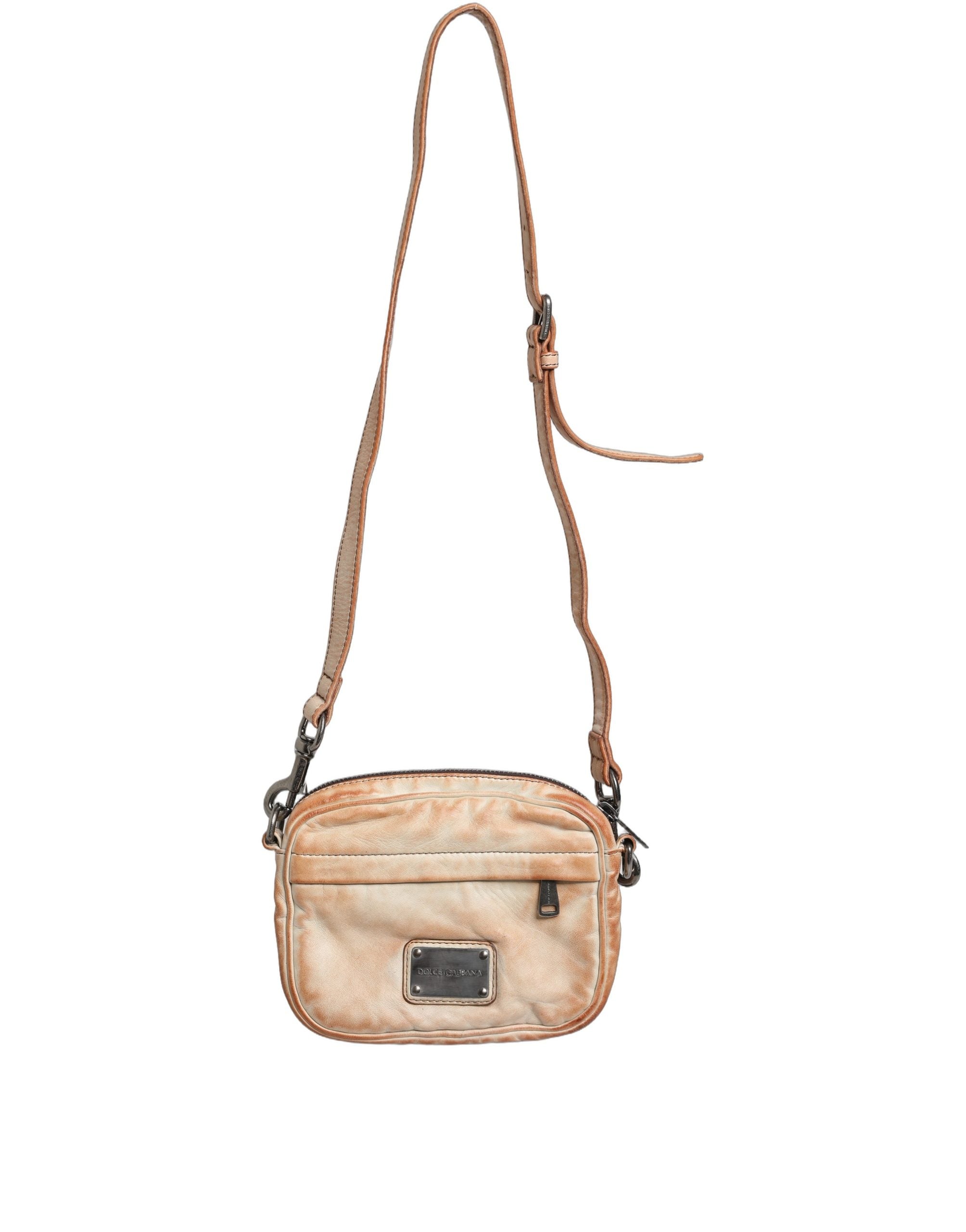 Dolce & Gabbana Beige Vintage Leder Umhängetasche mit Logo-Plakette für Herren