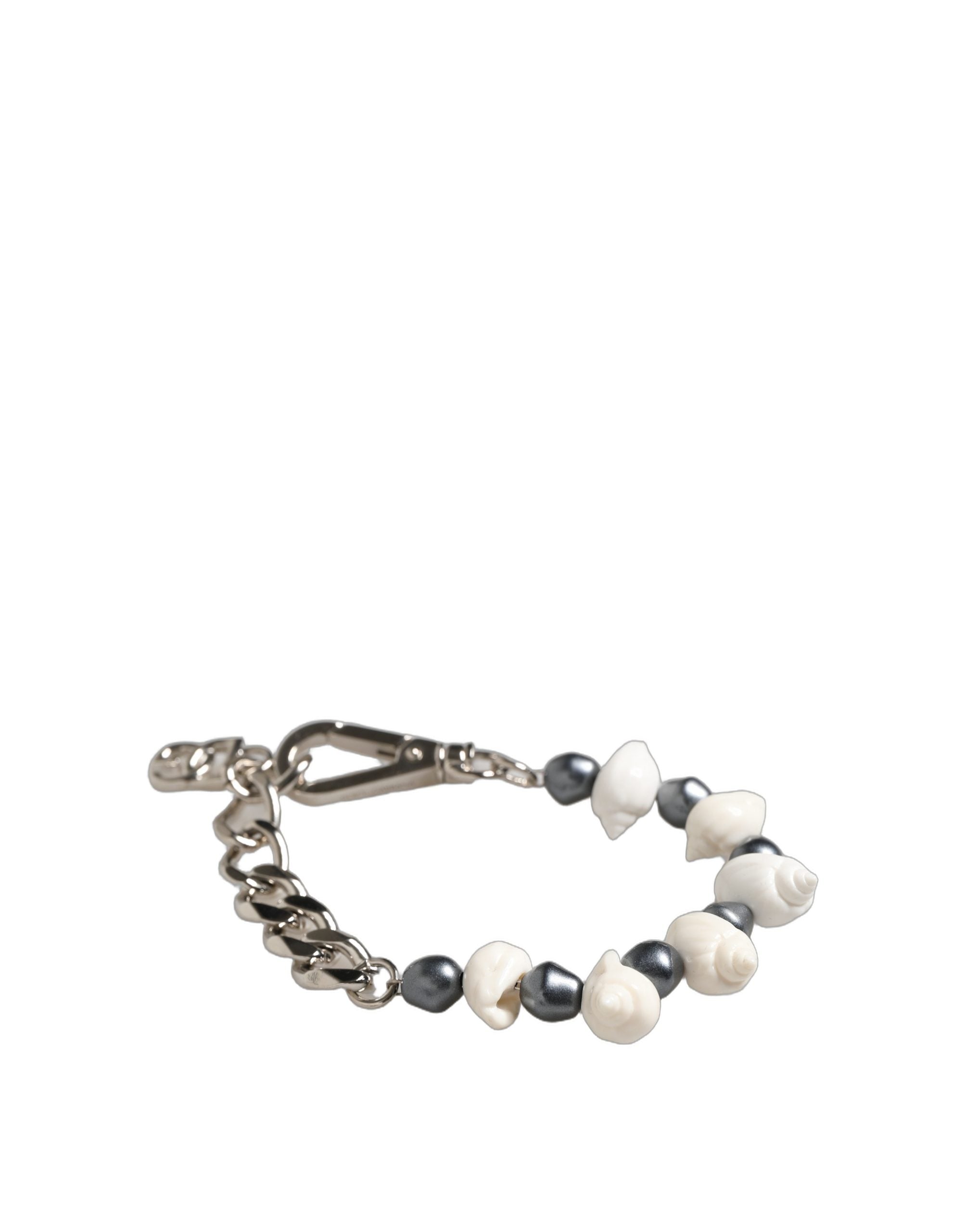 Dolce & Gabbana Silberfarbener Messing Perlen Muschel DG Logo Anhänger Armband