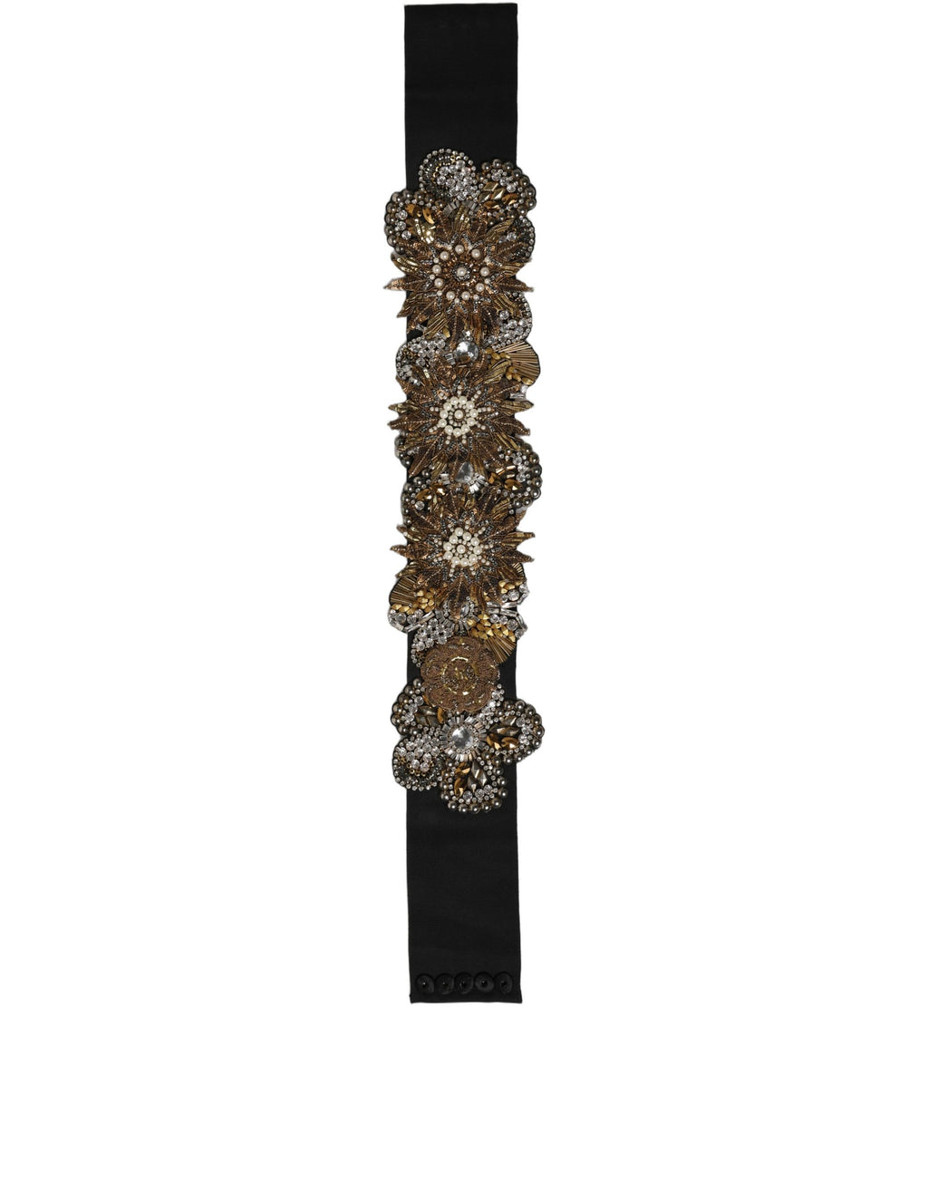 Dolce & Gabbana Schwarze Gürtelbrosche aus Messing mit goldfarbenen Akzenten und Kristallblumen
