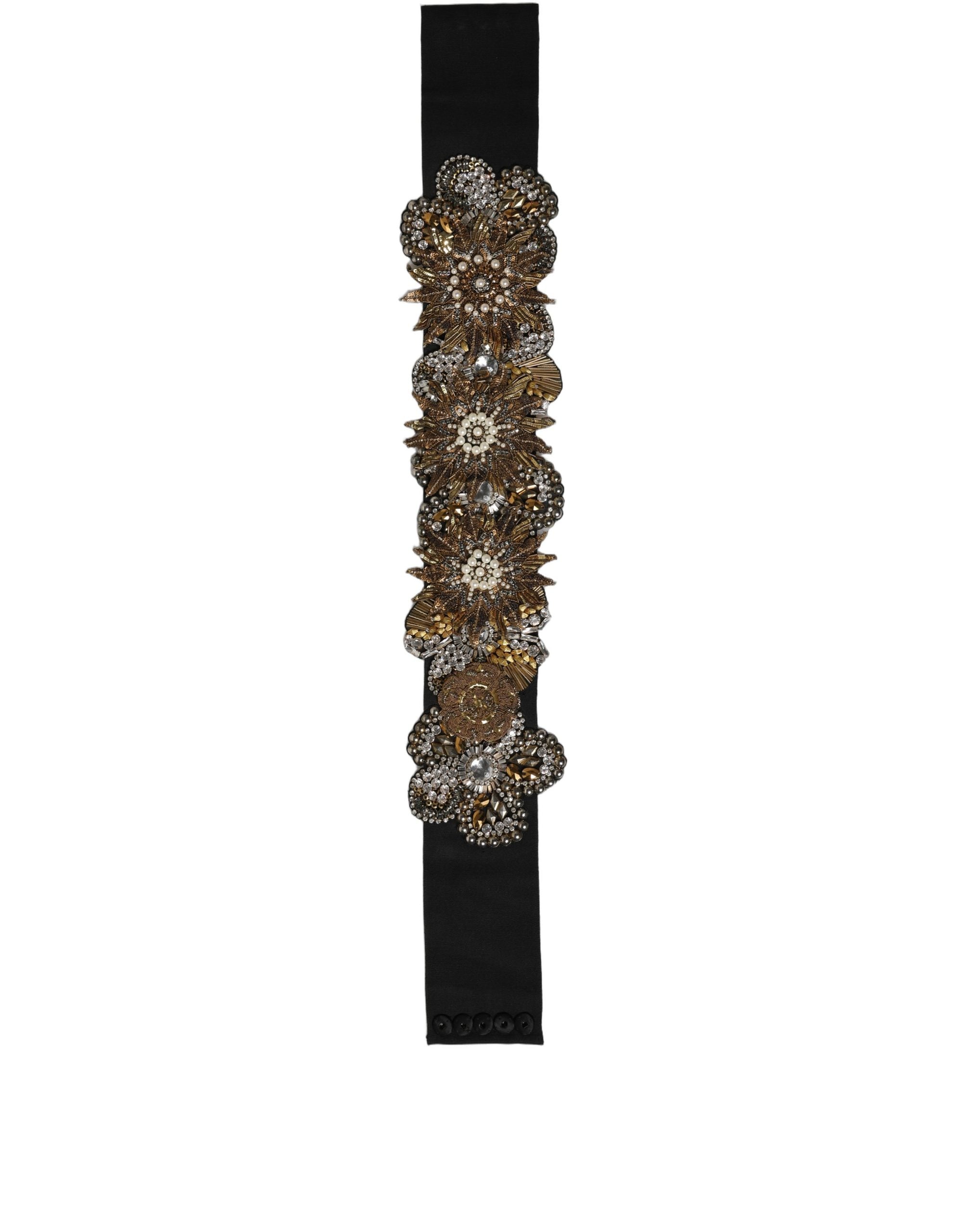 Dolce & Gabbana Schwarze Gürtelbrosche aus Messing mit goldfarbenen Akzenten und Kristallblumen