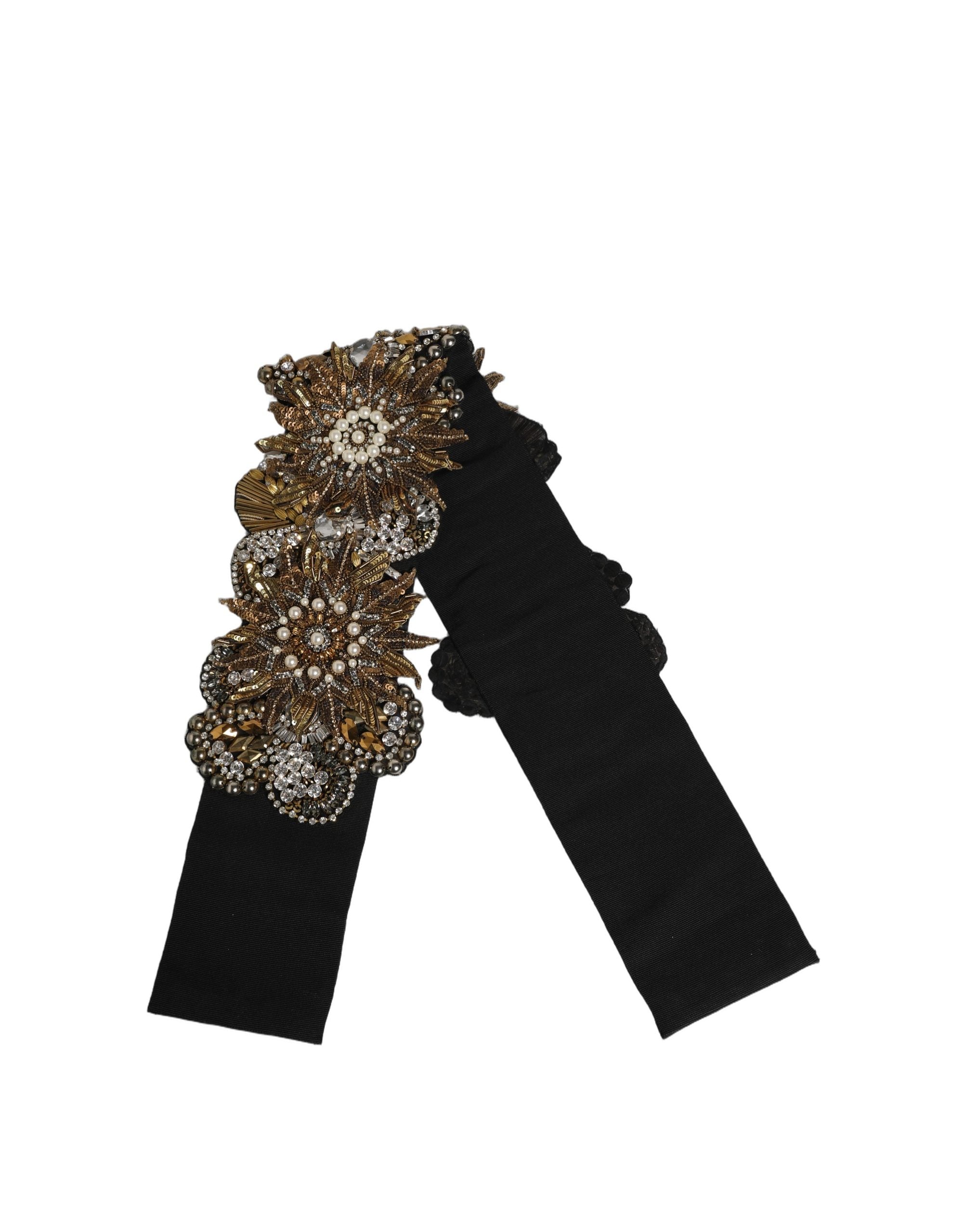 Dolce & Gabbana Schwarze Gürtelbrosche aus Messing mit goldfarbenen Akzenten und Kristallblumen