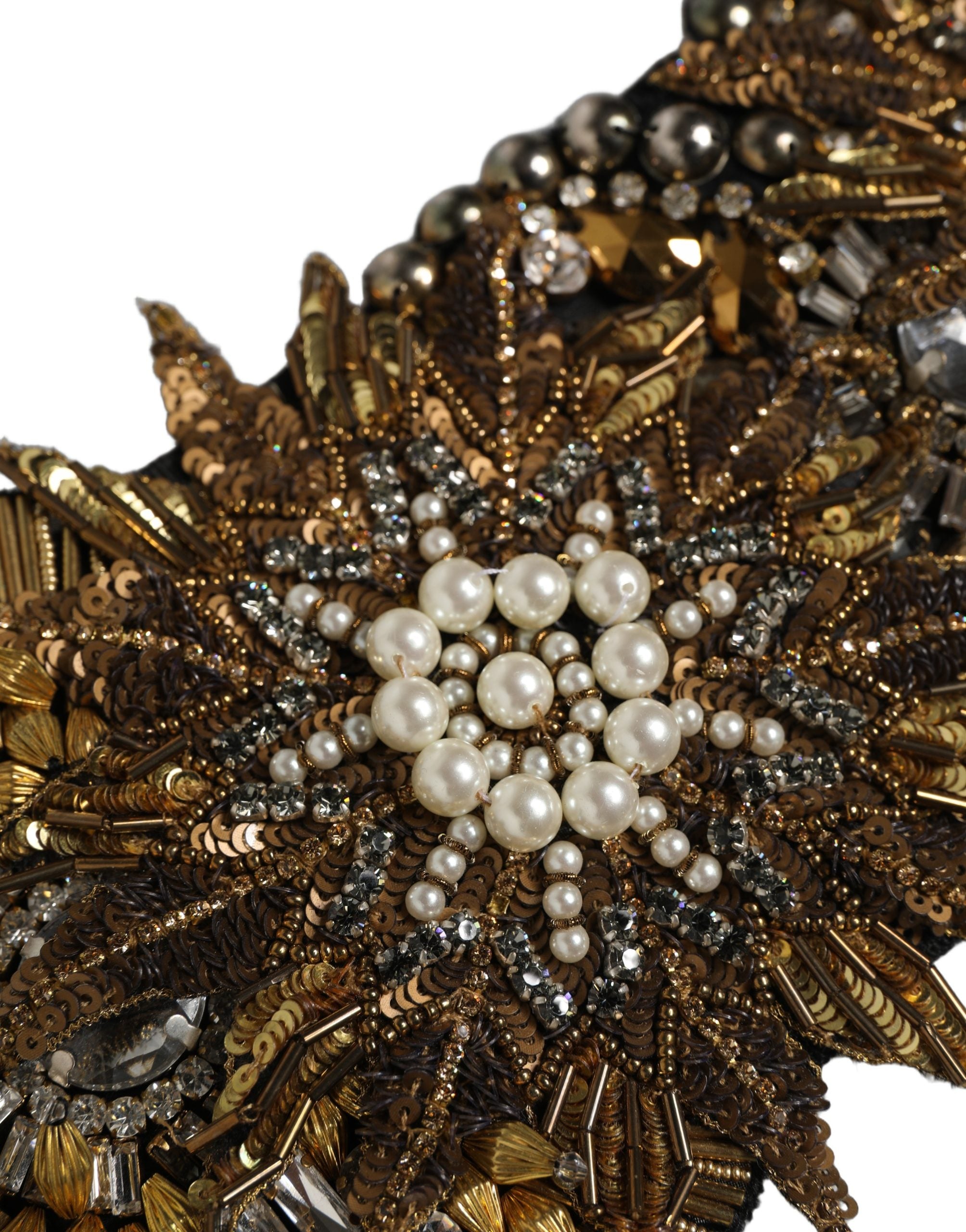 Dolce & Gabbana Schwarze Gürtelbrosche aus Messing mit goldfarbenen Akzenten und Kristallblumen