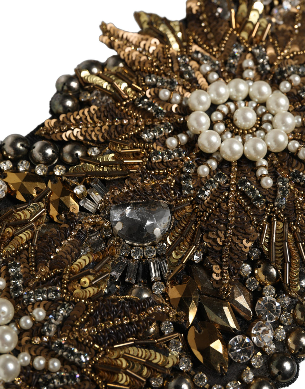 Dolce & Gabbana Schwarze Gürtelbrosche aus Messing mit goldfarbenen Akzenten und Kristallblumen
