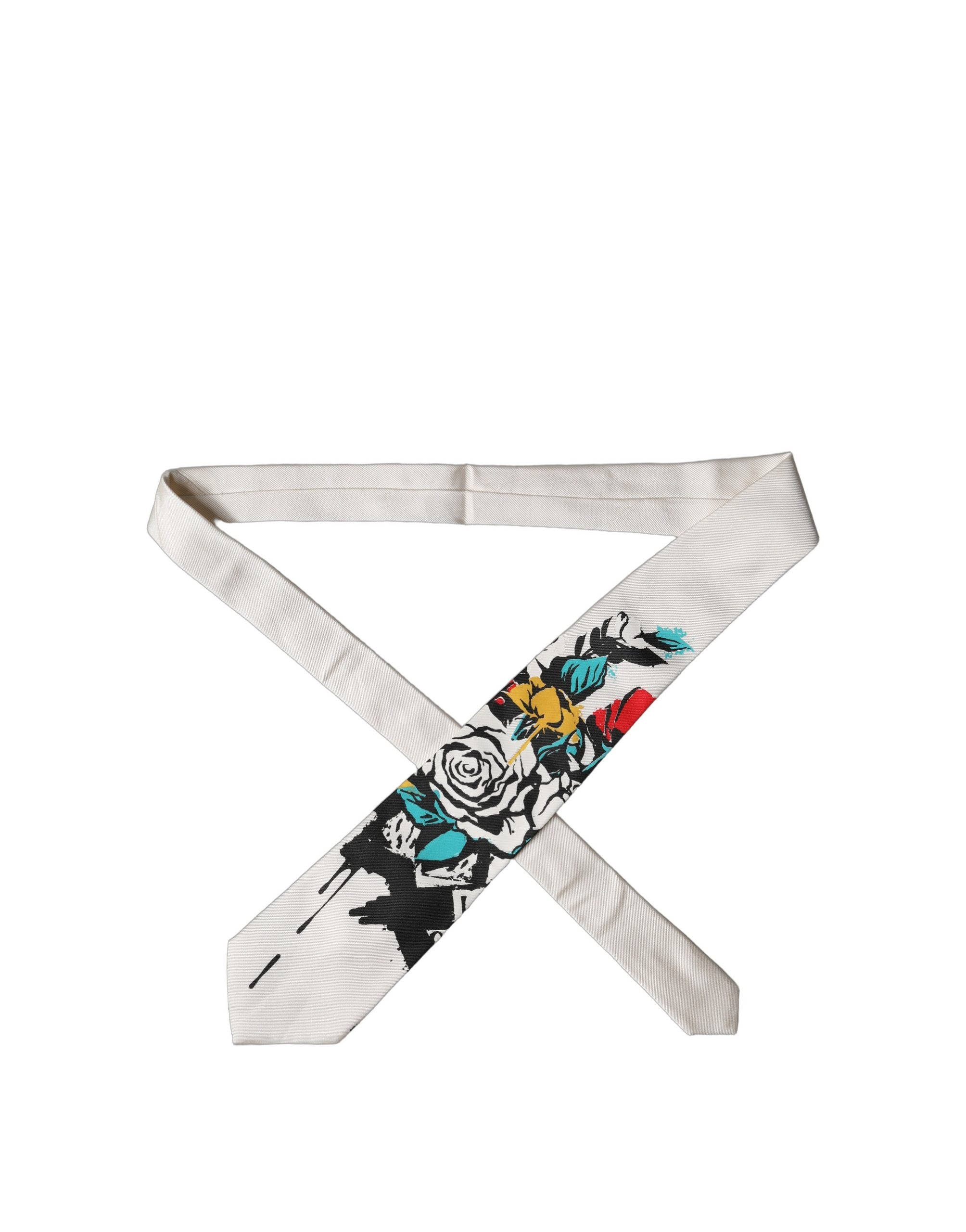 Dolce & Gabbana Weiße Krawatte mit Tattoo-Blumenmuster aus Seide, verstellbar, zum Binden