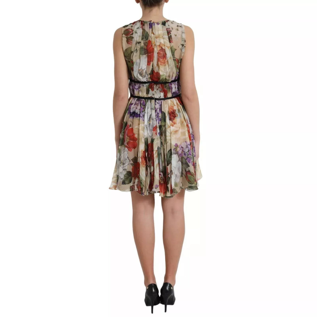 Dolce & Gabbana Beigefarbenes ärmelloses Minikleid in A-Linie mit Blumenmuster