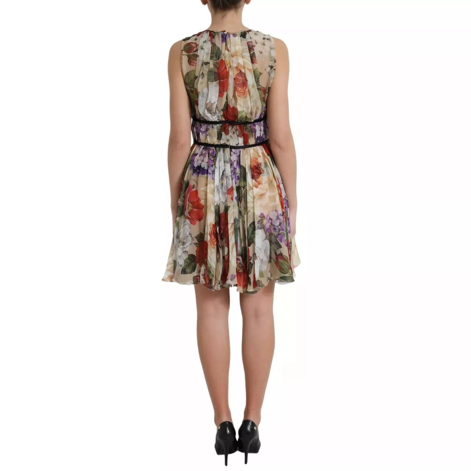 Dolce & Gabbana Beigefarbenes ärmelloses Minikleid in A-Linie mit Blumenmuster