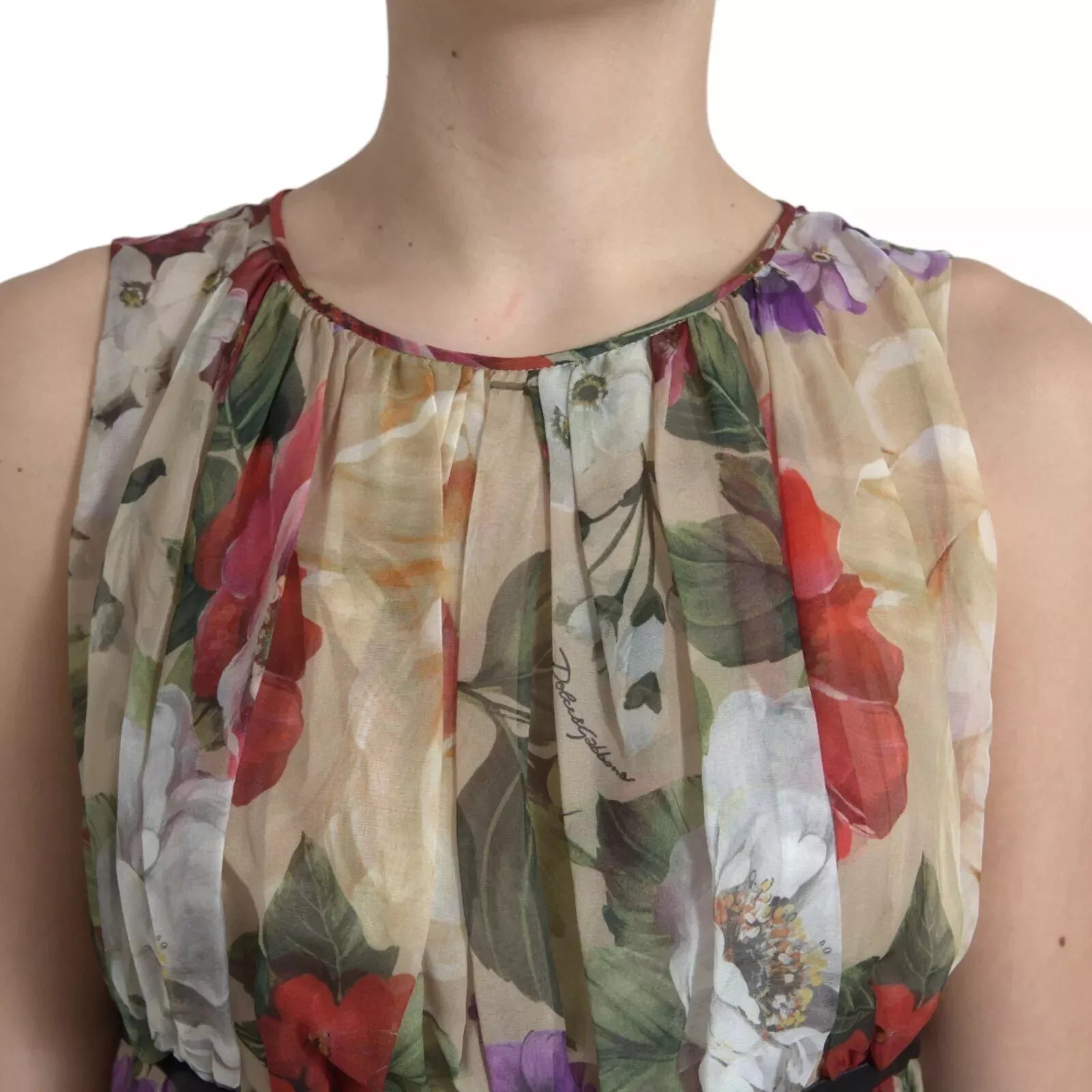 Dolce & Gabbana Beigefarbenes ärmelloses Minikleid in A-Linie mit Blumenmuster