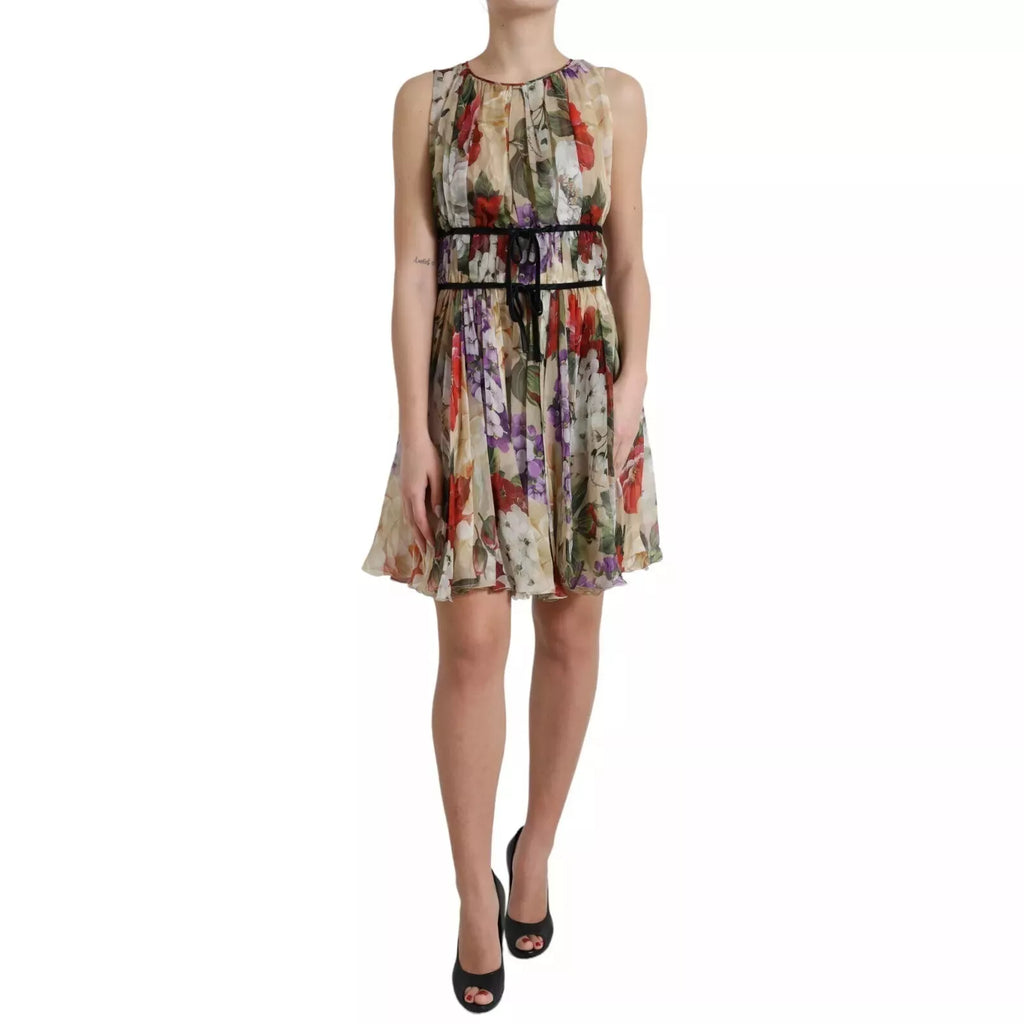 Dolce & Gabbana Beigefarbenes ärmelloses Minikleid in A-Linie mit Blumenmuster