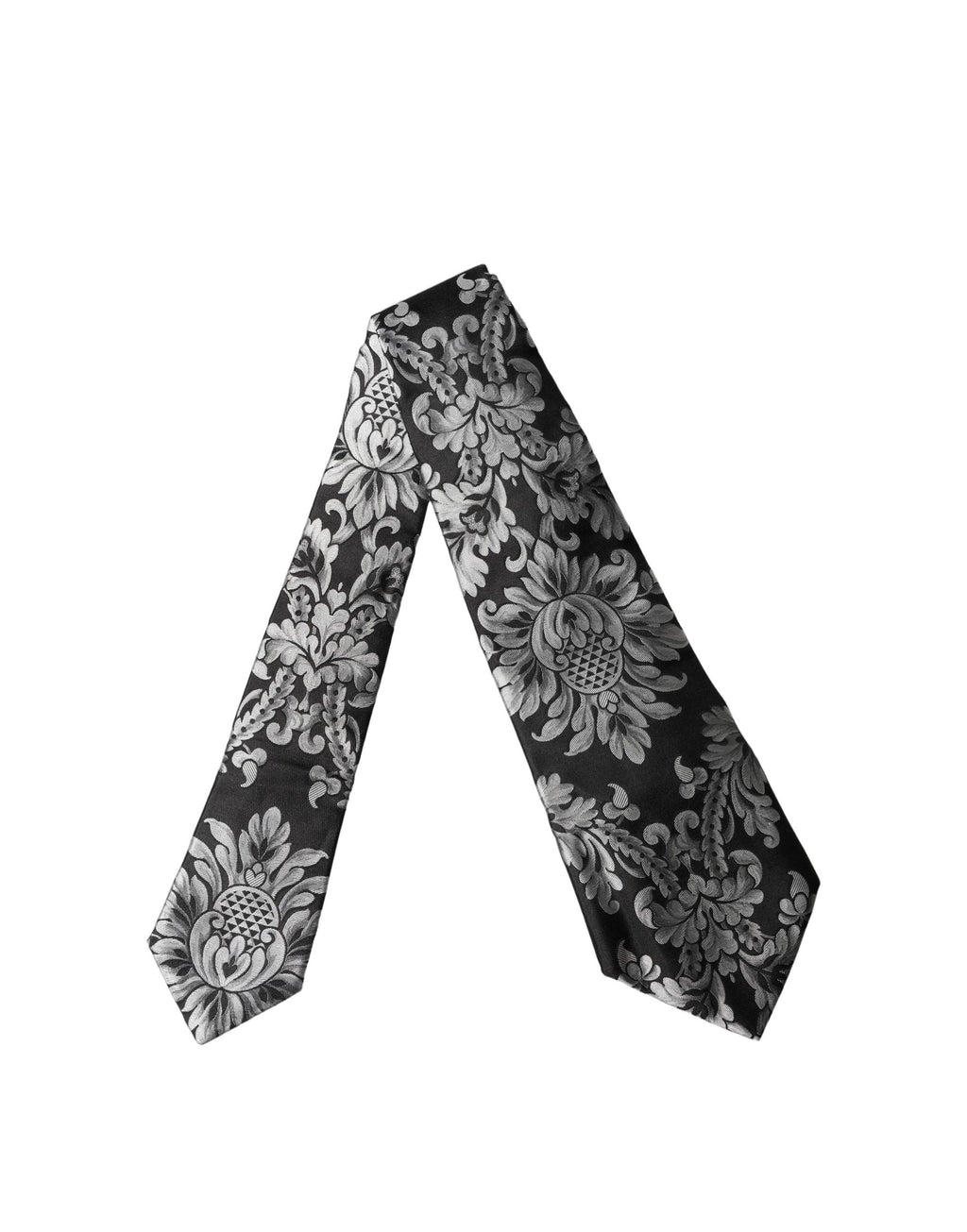 Dolce & Gabbana Schwarze Seiden-Halsschleife mit silbernem Blumenmuster, verstellbar für Damen