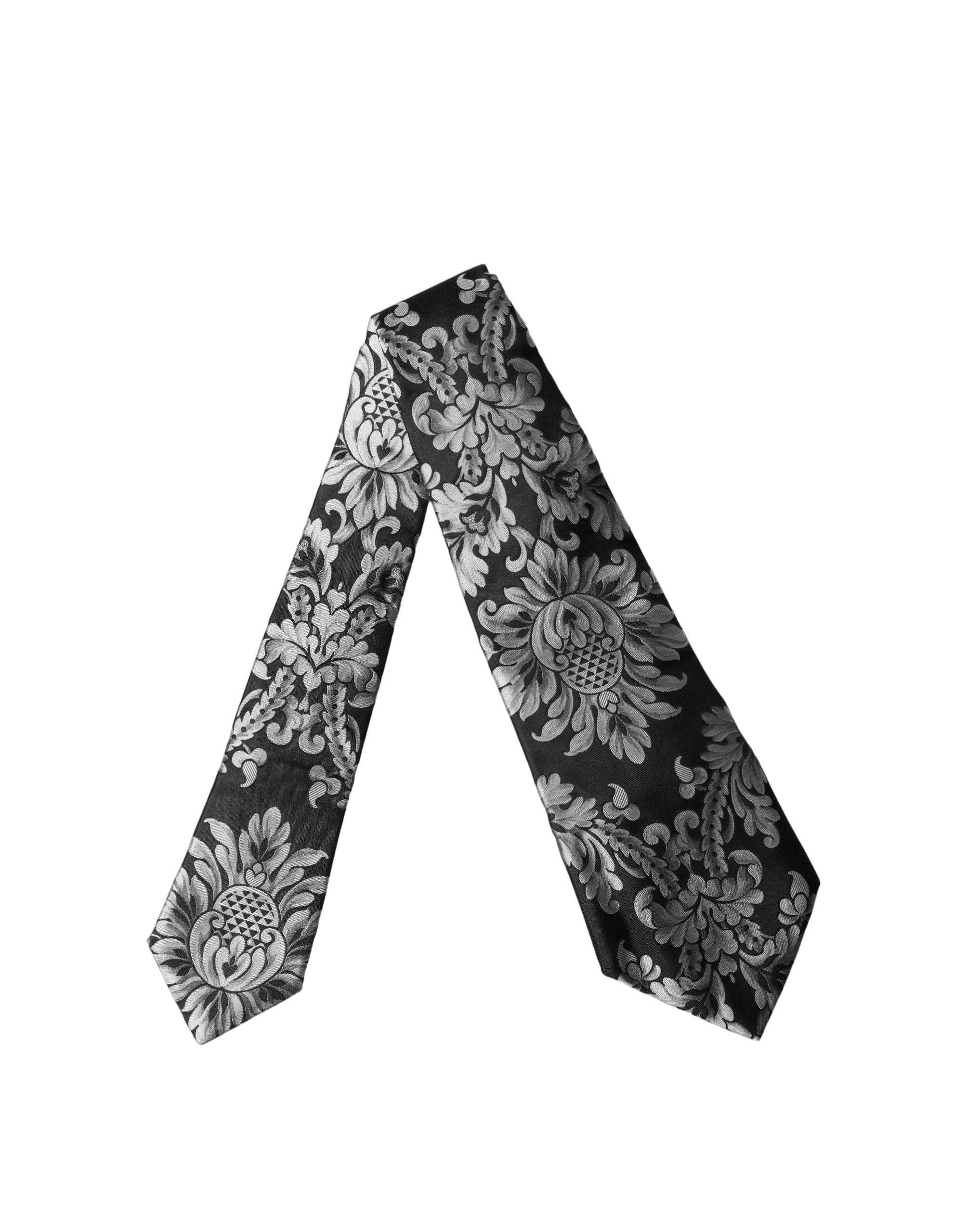 Dolce & Gabbana Schwarze Seiden-Halsschleife mit silbernem Blumenmuster, verstellbar für Damen