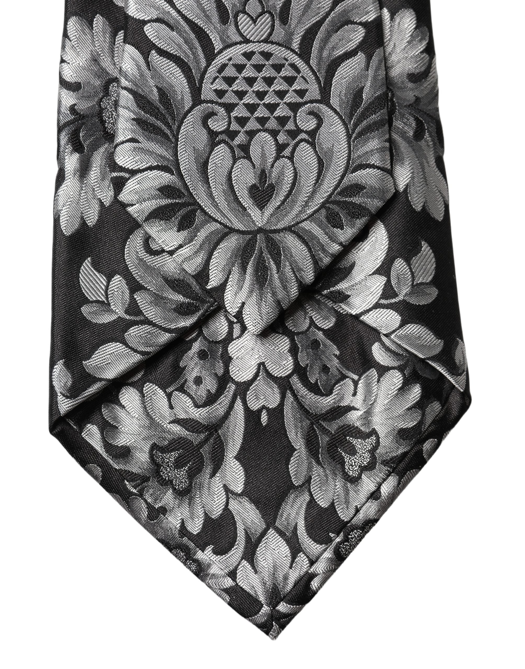 Dolce & Gabbana Schwarze Seiden-Halsschleife mit silbernem Blumenmuster, verstellbar für Damen