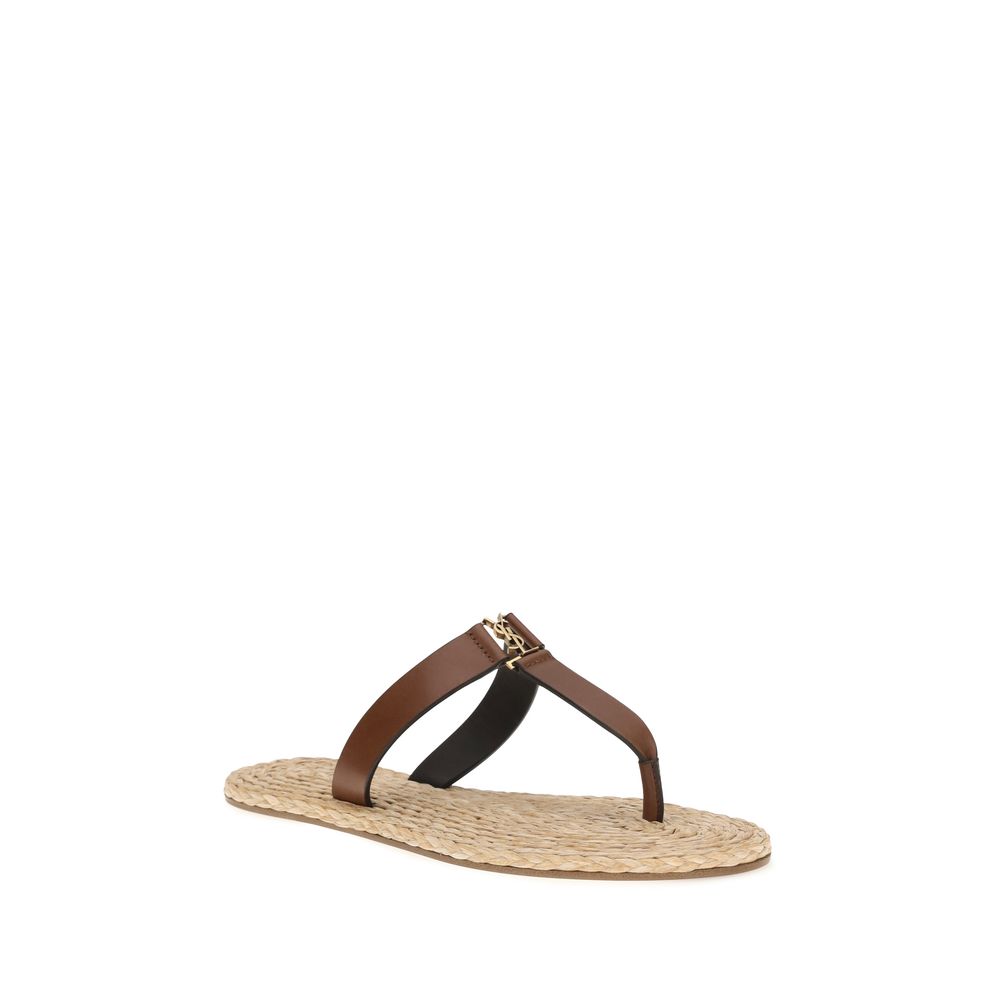 Saint Laurent Braune Kalbsleder Bos Taurus Flache Sandalen