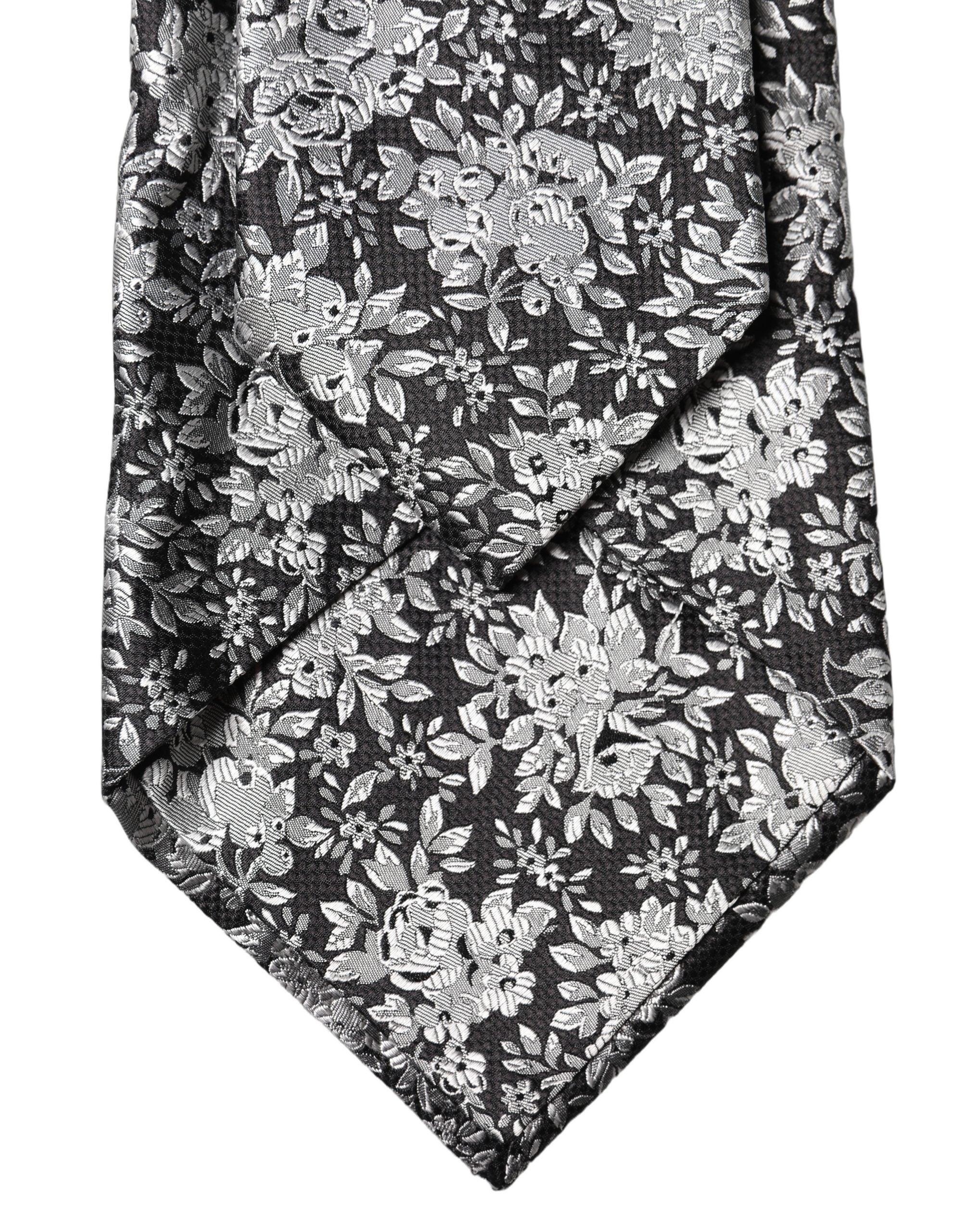 Dolce & Gabbana Schwarze Seiden-Halsschleife mit silbernem Blumenmuster, verstellbar für Damen