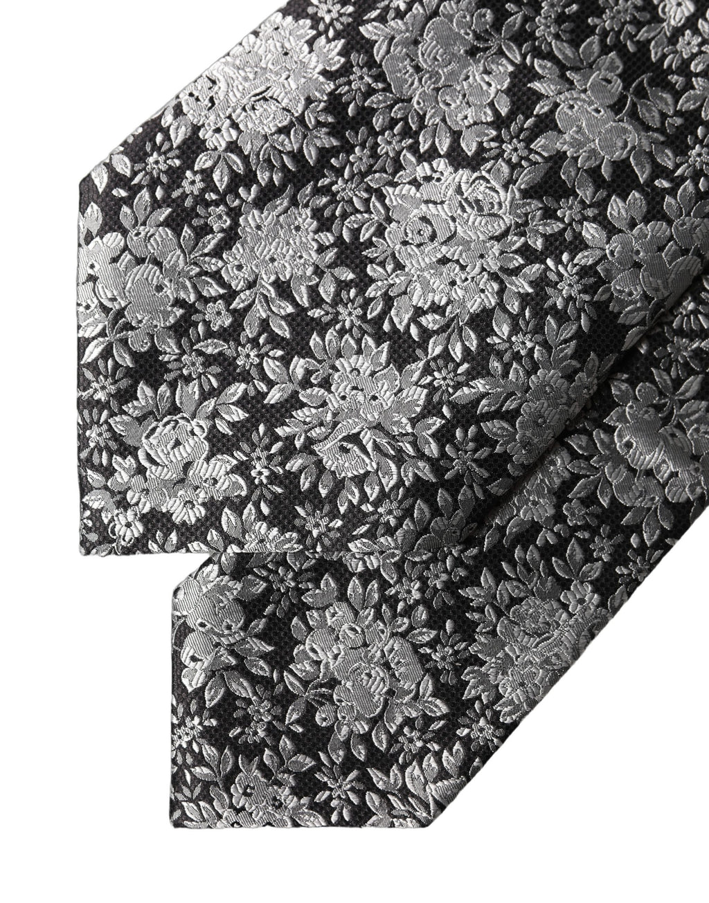 Dolce & Gabbana Schwarze Seiden-Halsschleife mit silbernem Blumenmuster, verstellbar für Damen