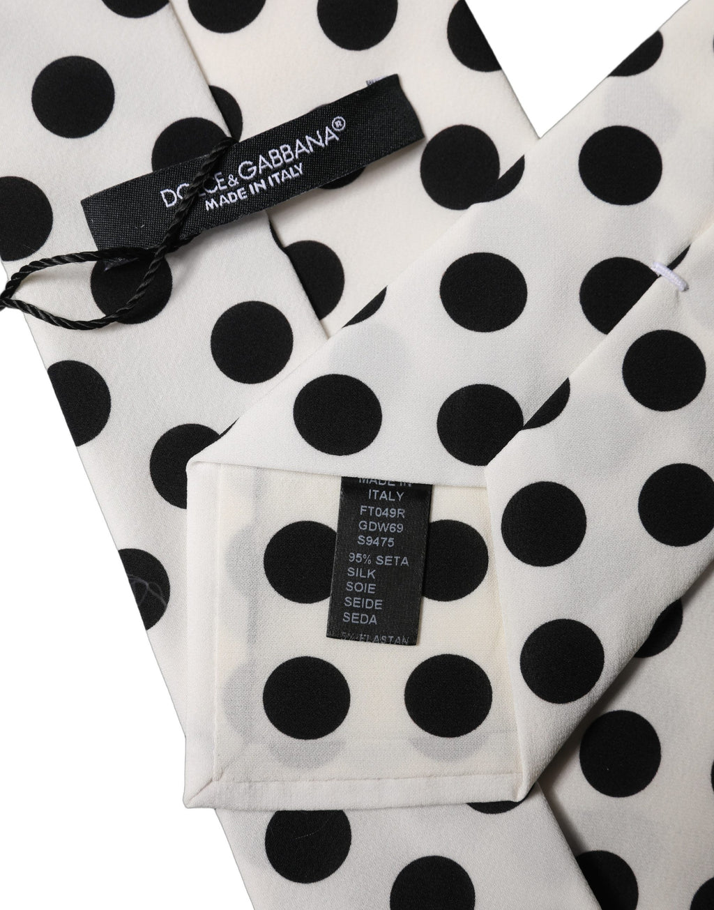 Dolce & Gabbana Weiße schwarze gepunktete Seiden-Krawatte für Damen, verstellbar
