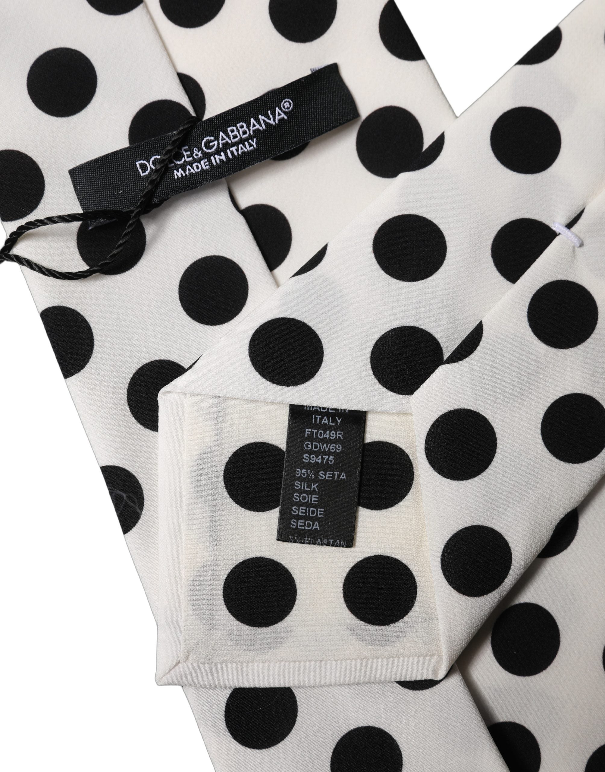 Dolce & Gabbana Weiße schwarze gepunktete Seiden-Krawatte für Damen, verstellbar
