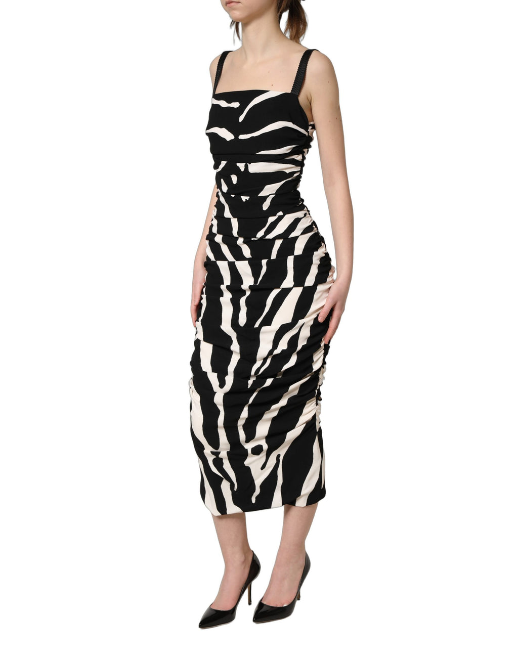 Dolce & Gabbana Kleid aus schwarzem und weißem Zebra-Cady in Wadenlänge