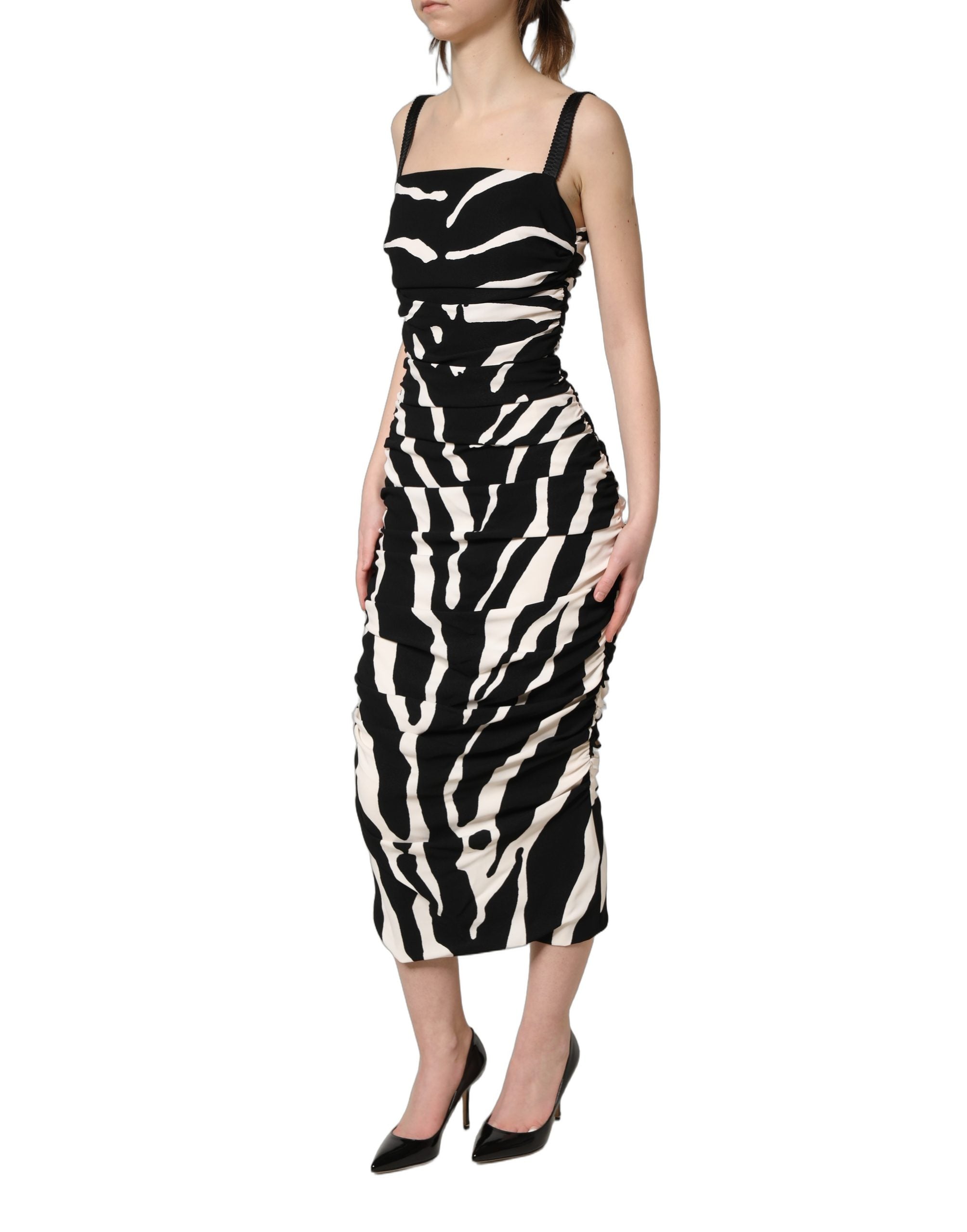 Dolce & Gabbana Kleid aus schwarzem und weißem Zebra-Cady in Wadenlänge