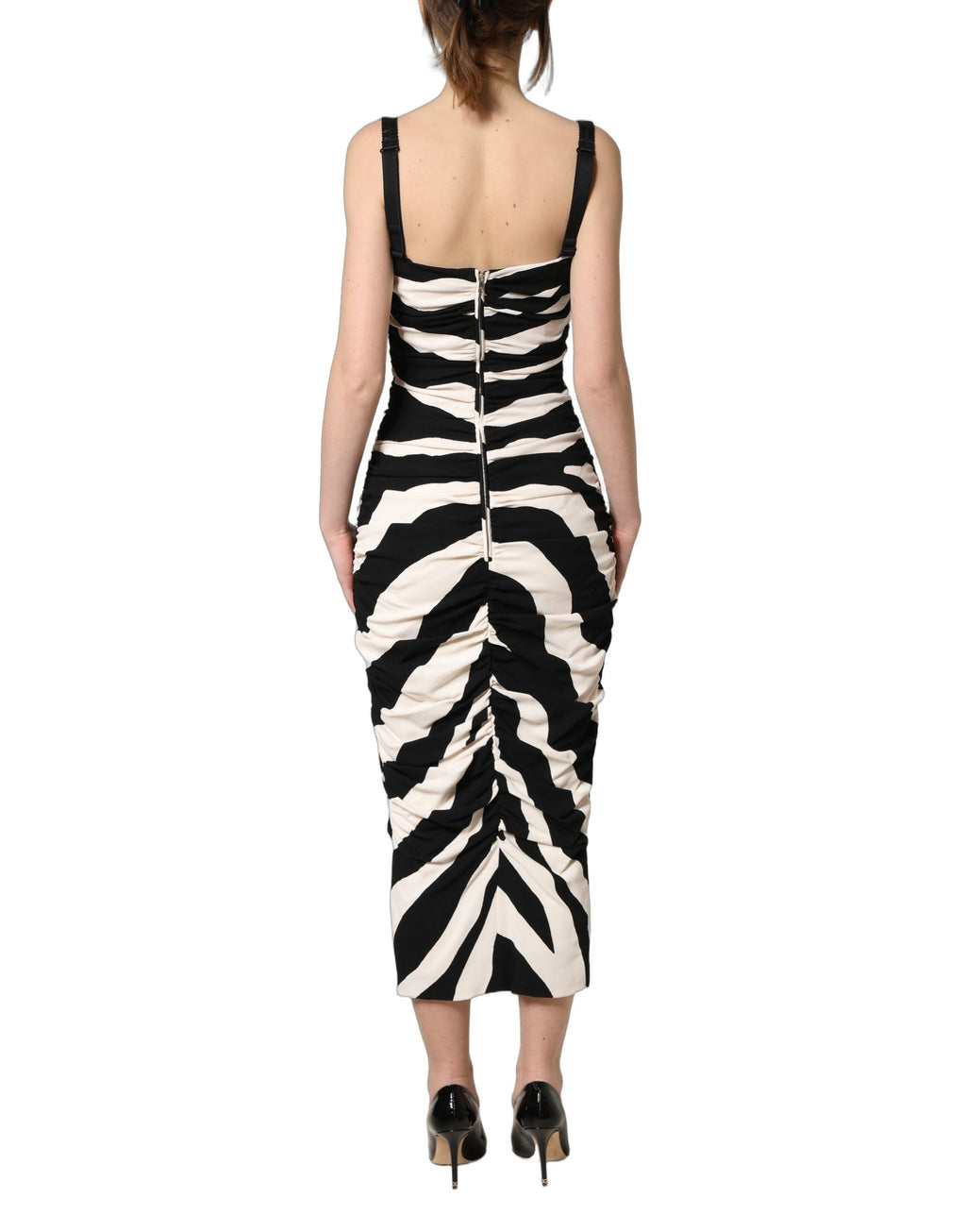 Dolce & Gabbana Kleid aus schwarzem und weißem Zebra-Cady in Wadenlänge