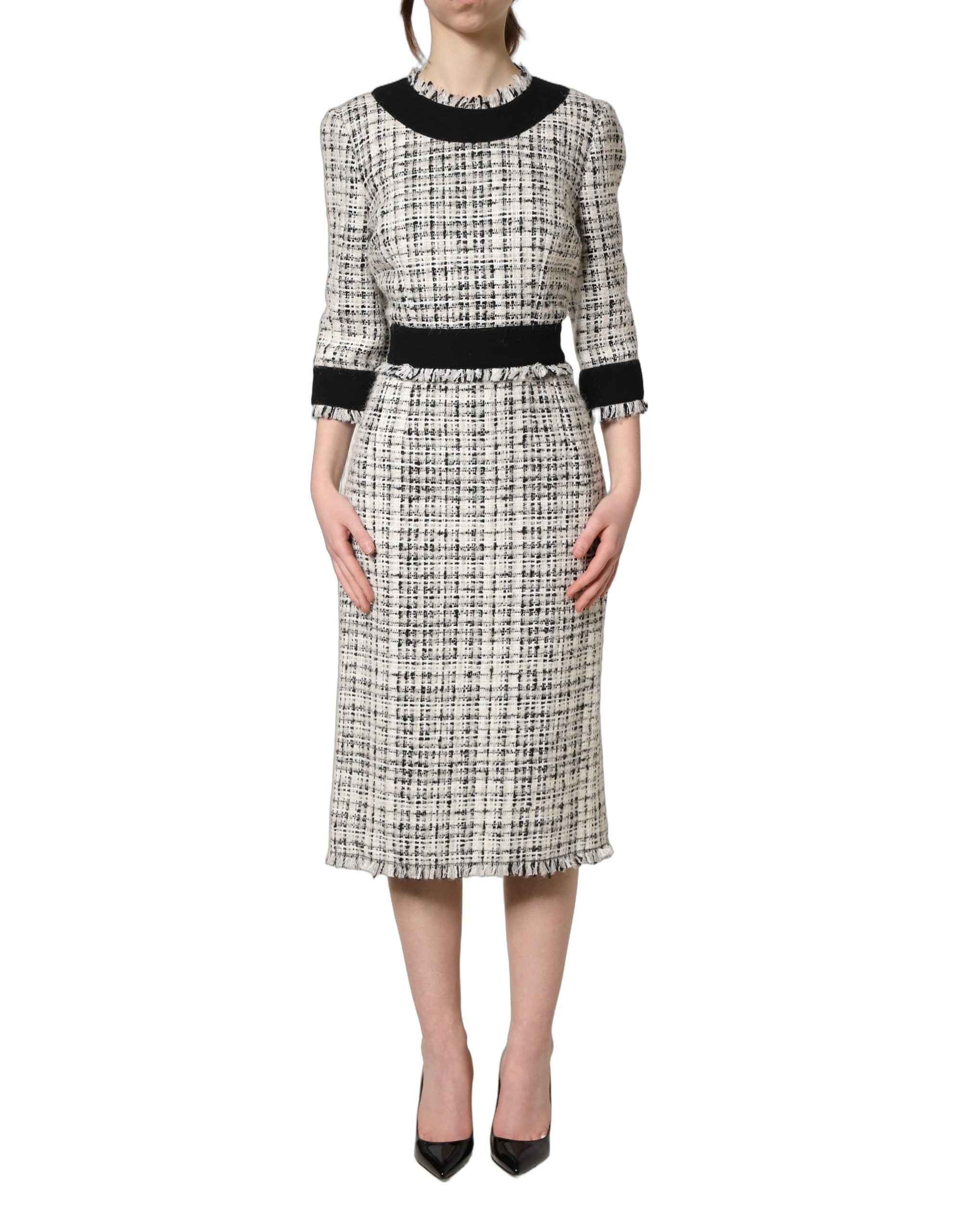 Dolce & Gabbana Schwarzes und weißes Tweed-Etui-Kleid in A-Linie, Midi-Länge