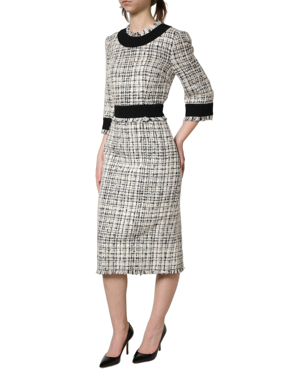 Dolce & Gabbana Schwarzes und weißes Tweed-Etui-Kleid in A-Linie, Midi-Länge