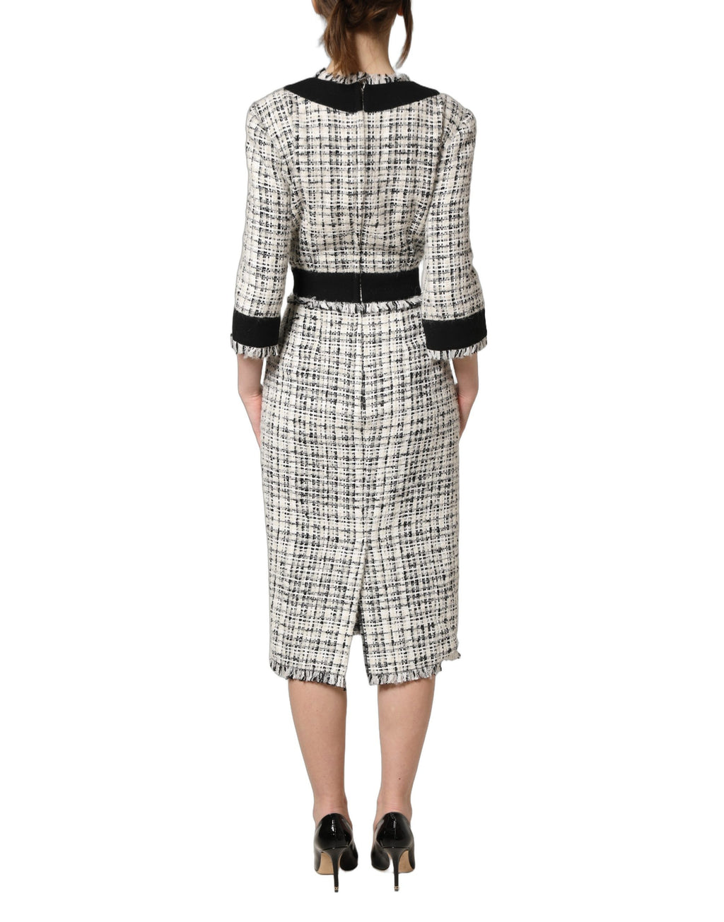 Dolce & Gabbana Schwarzes und weißes Tweed-Etui-Kleid in A-Linie, Midi-Länge