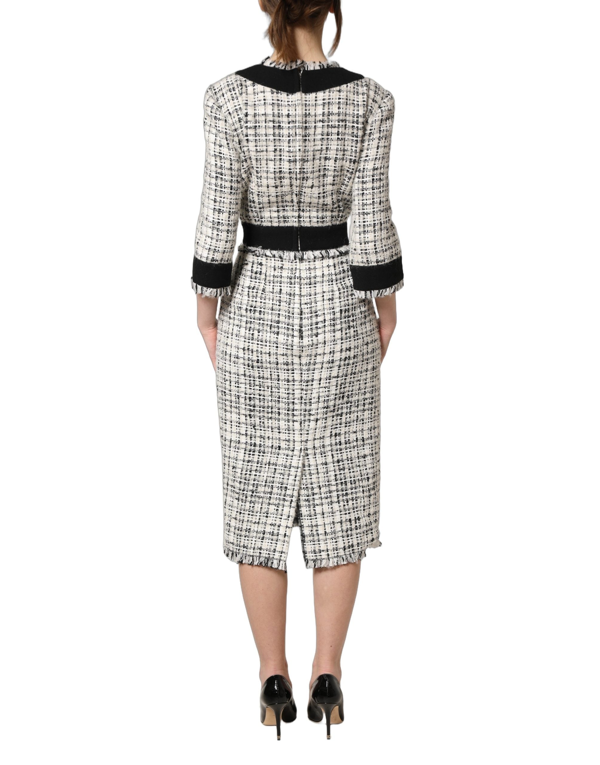 Dolce & Gabbana Schwarzes und weißes Tweed-Etui-Kleid in A-Linie, Midi-Länge
