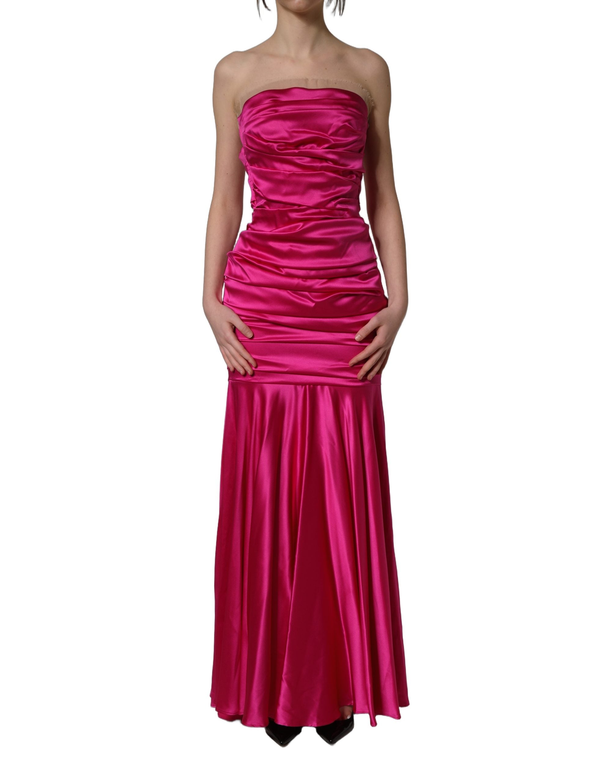 Dolce & Gabbana Trägerloses Ballkleid aus Satin in Knallpink mit Raffungen