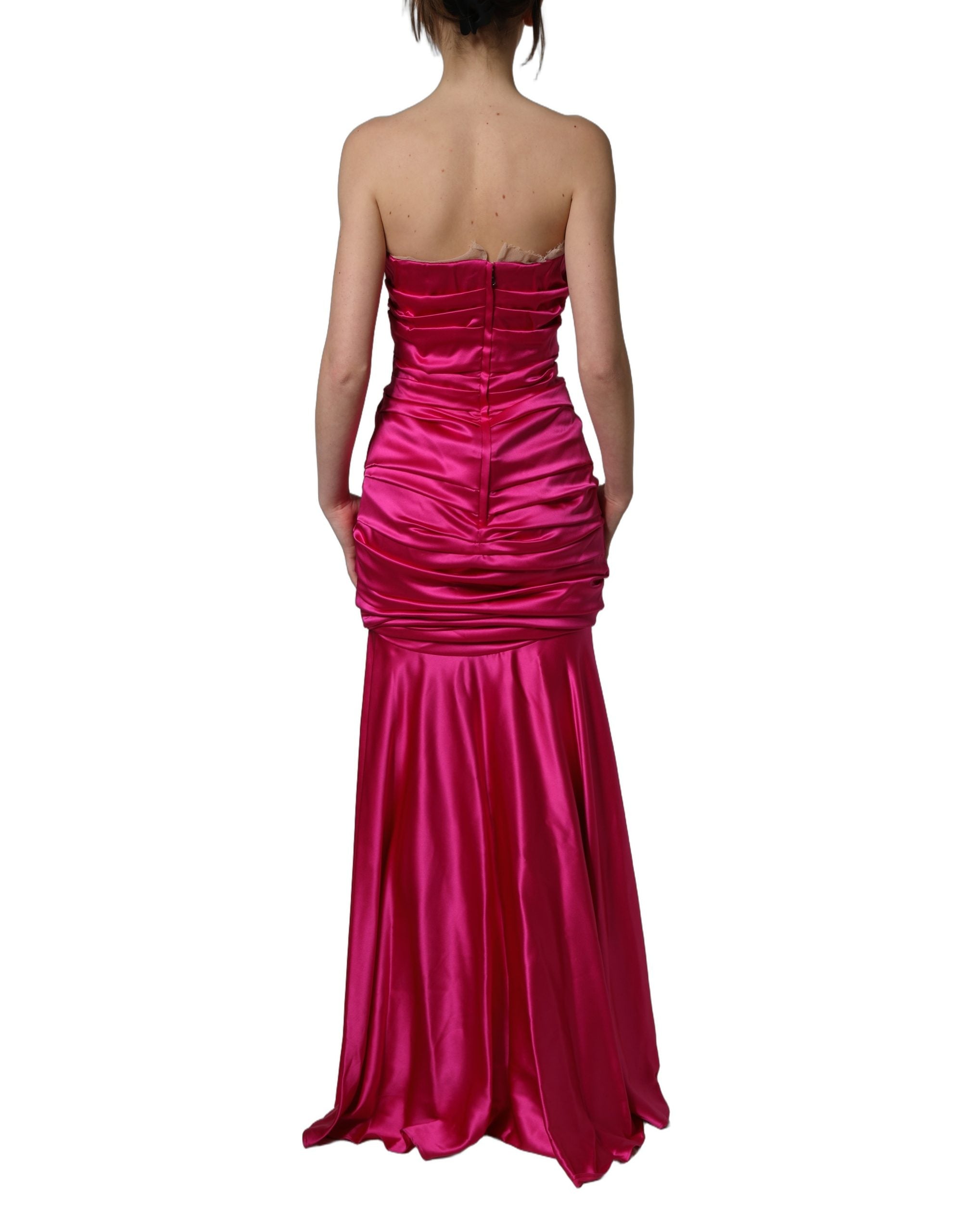 Dolce & Gabbana Trägerloses Ballkleid aus Satin in Knallpink mit Raffungen