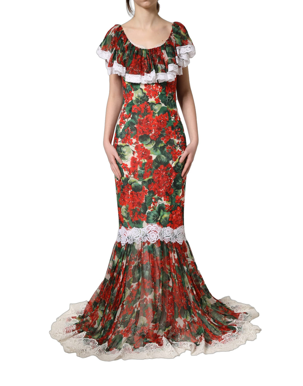 Dolce & Gabbana Multicolor Geranium Flower Spitzen-Maxikleid