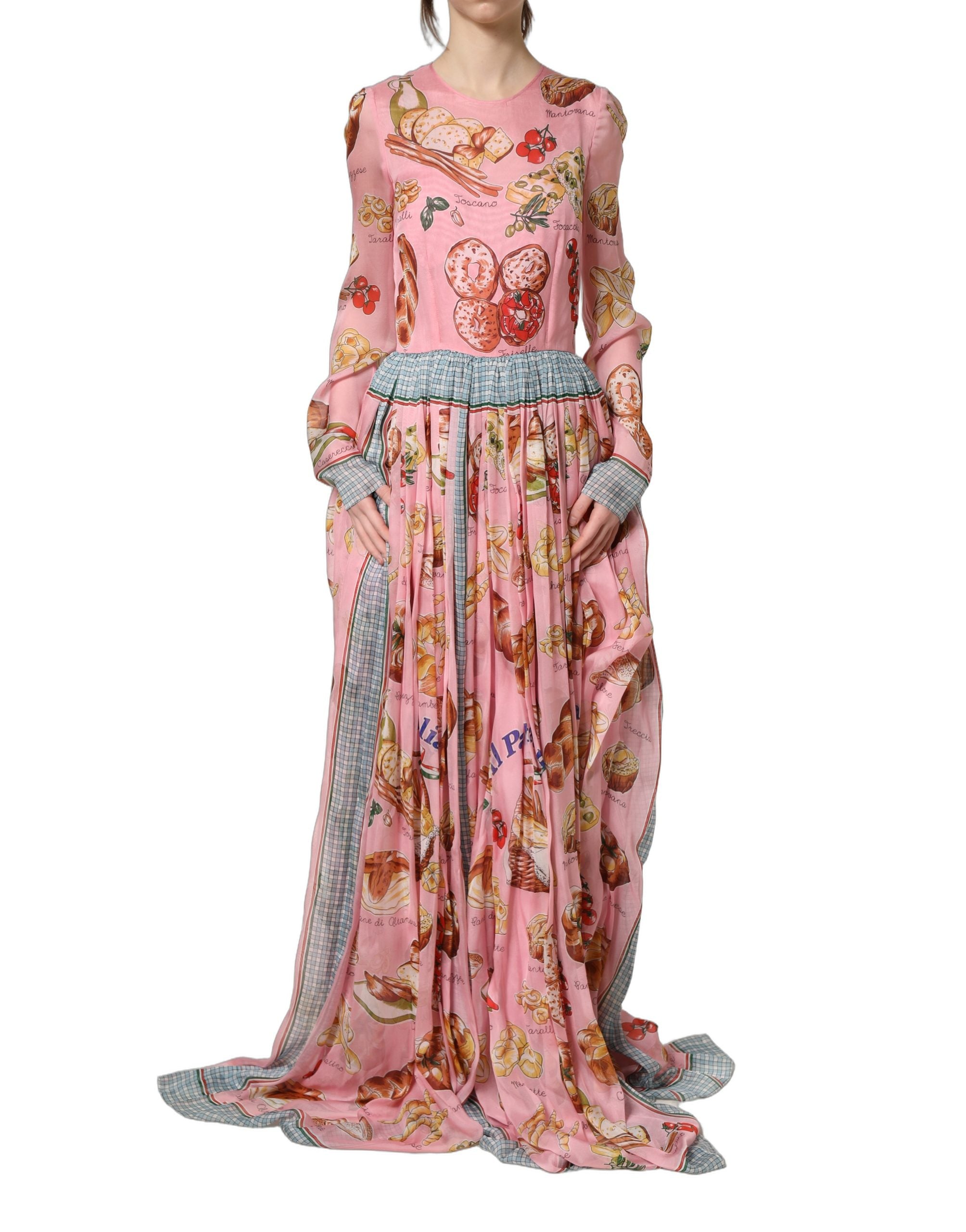 Dolce & Gabbana Plissiertes Maxikleid in Hellrosa mit Brot-Print