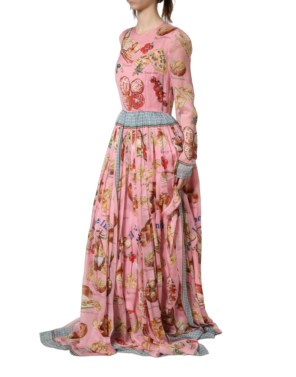 Dolce & Gabbana Plissiertes Maxikleid in Hellrosa mit Brot-Print