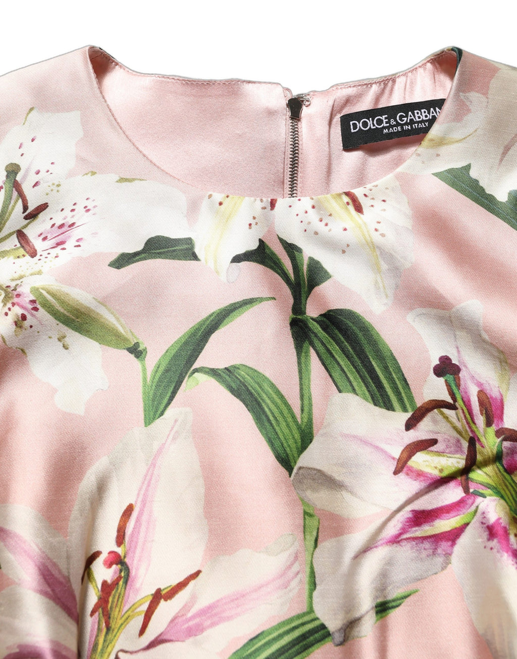 Dolce & Gabbana Leichtes rosa Etuikleid mit Lilien-Print und ohne Ärmel