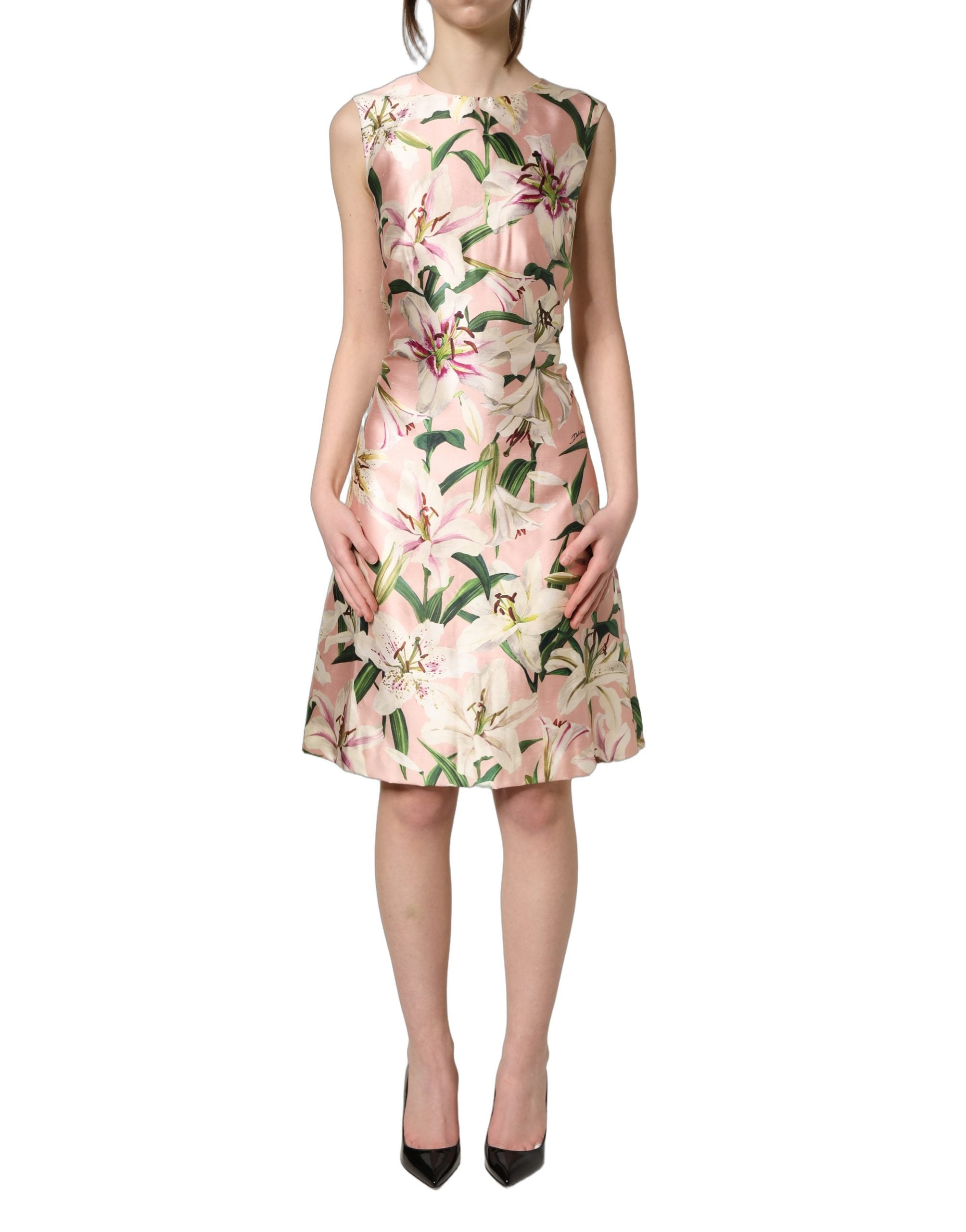 Dolce & Gabbana Leichtes rosa Etuikleid mit Lilien-Print und ohne Ärmel