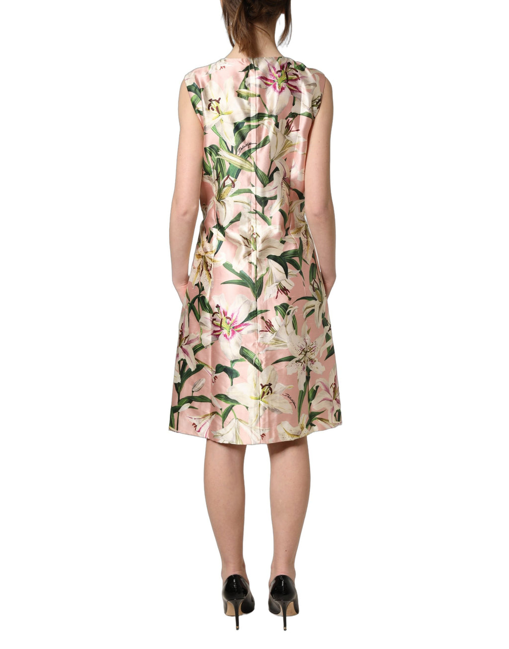 Dolce & Gabbana Leichtes rosa Etuikleid mit Lilien-Print und ohne Ärmel