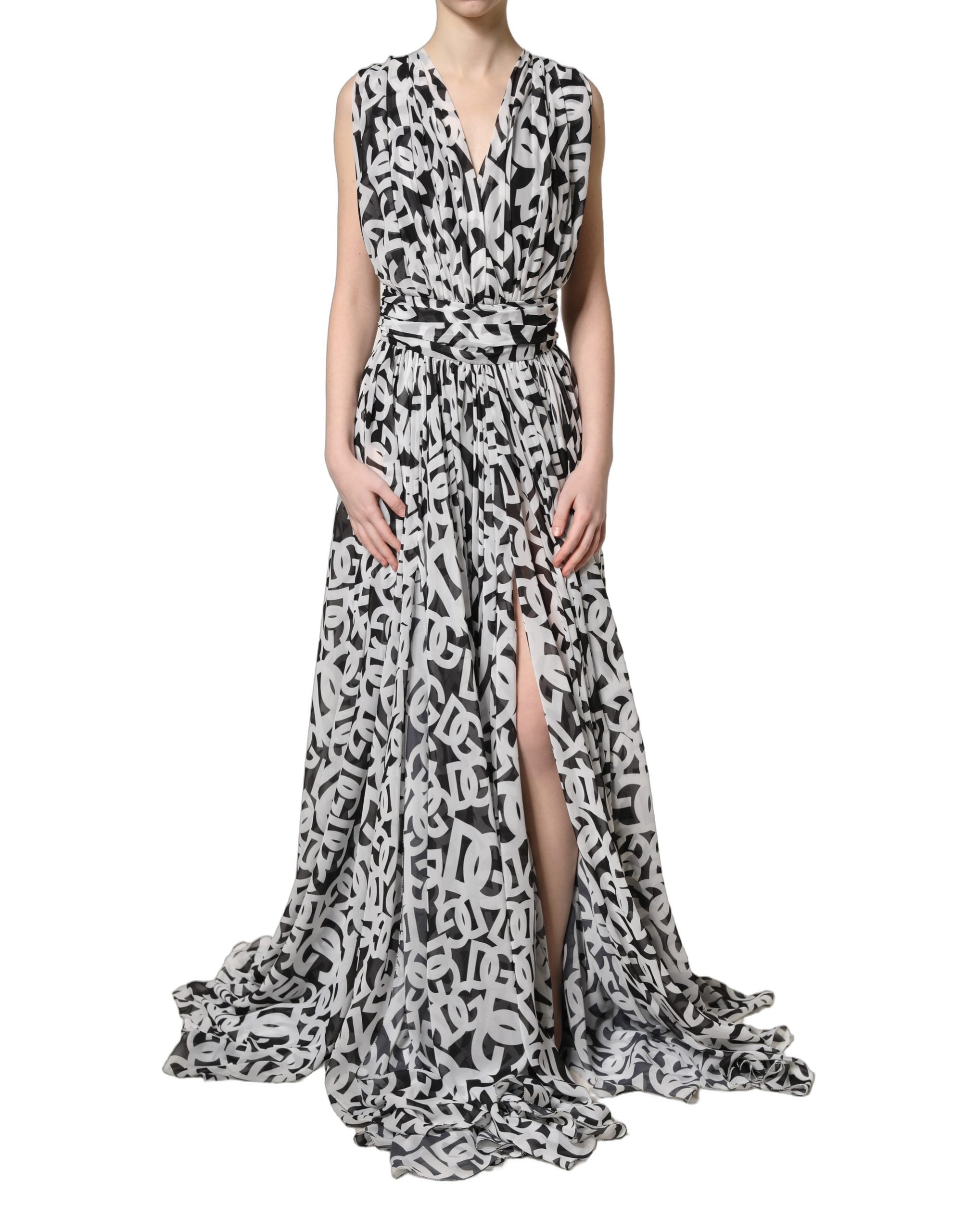Dolce & Gabbana Ärmelloses bodenlanges Maxikleid mit schwarzem und weißem Logo