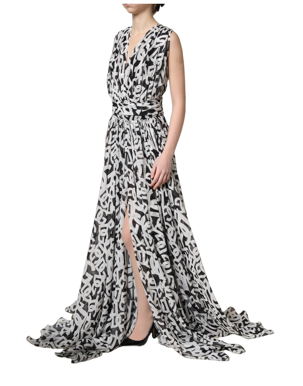 Dolce & Gabbana Ärmelloses bodenlanges Maxikleid mit schwarzem und weißem Logo
