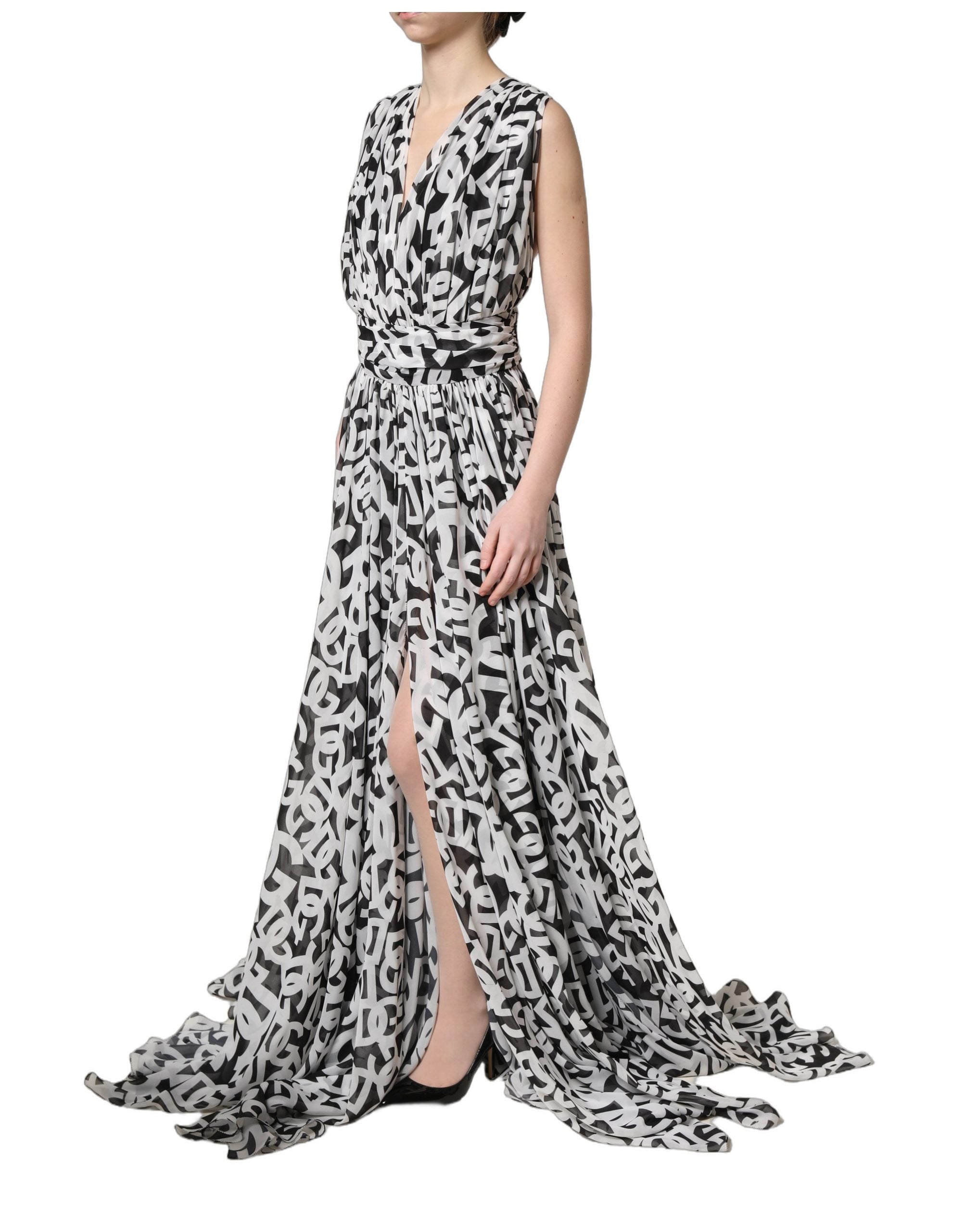 Dolce & Gabbana Ärmelloses bodenlanges Maxikleid mit schwarzem und weißem Logo