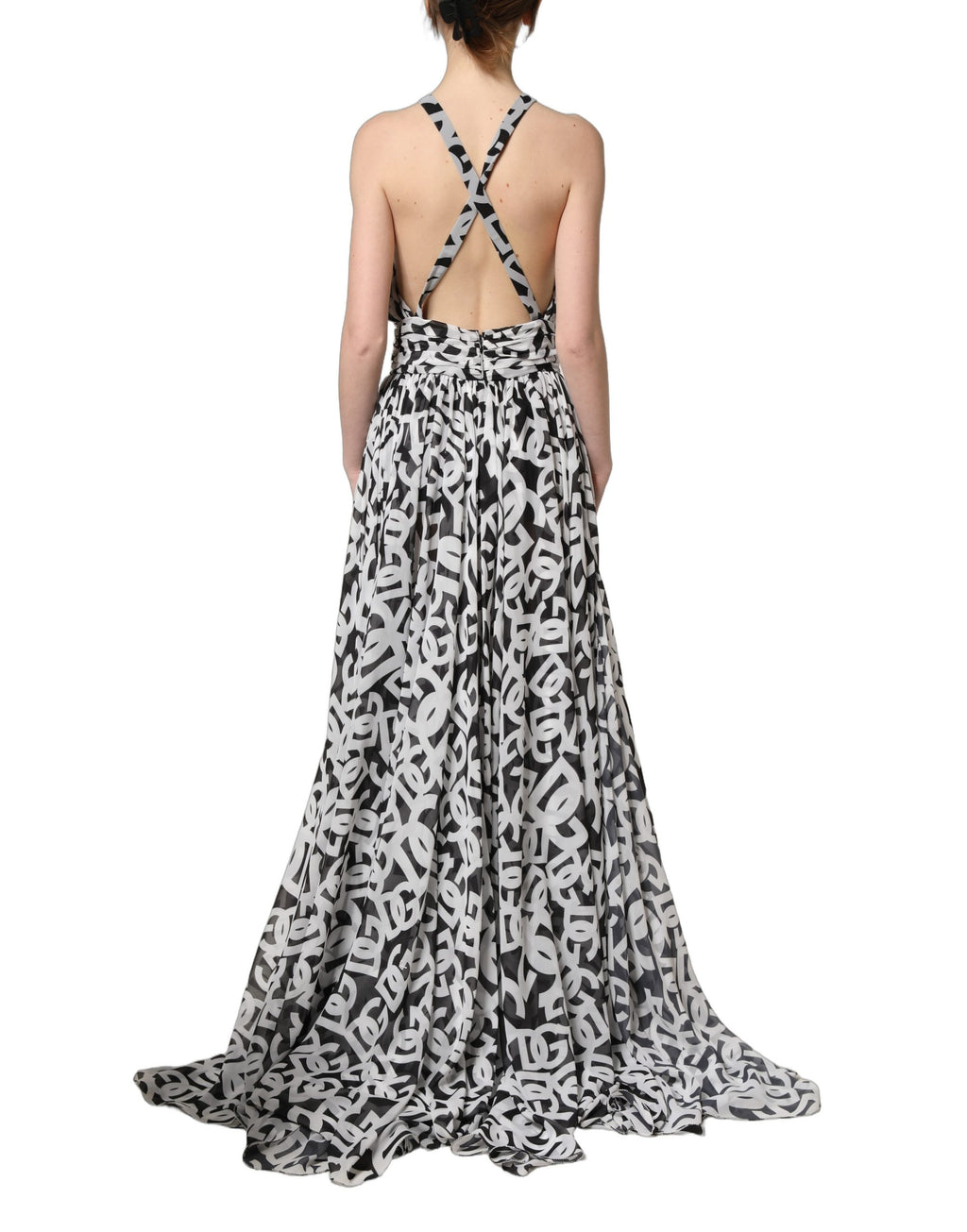 Dolce & Gabbana Ärmelloses bodenlanges Maxikleid mit schwarzem und weißem Logo
