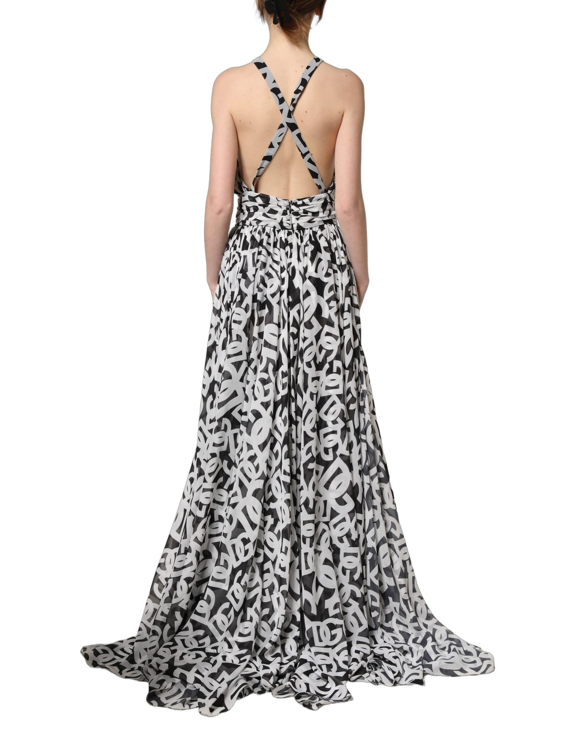 Dolce & Gabbana Ärmelloses bodenlanges Maxikleid mit schwarzem und weißem Logo
