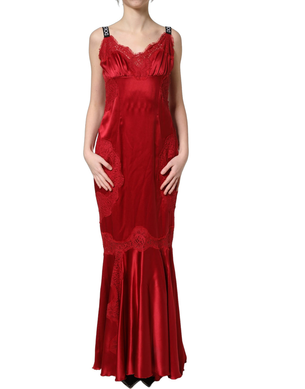 Dolce & Gabbana Ärmelloses Maxikleid aus roter Seide mit Spitzendetails