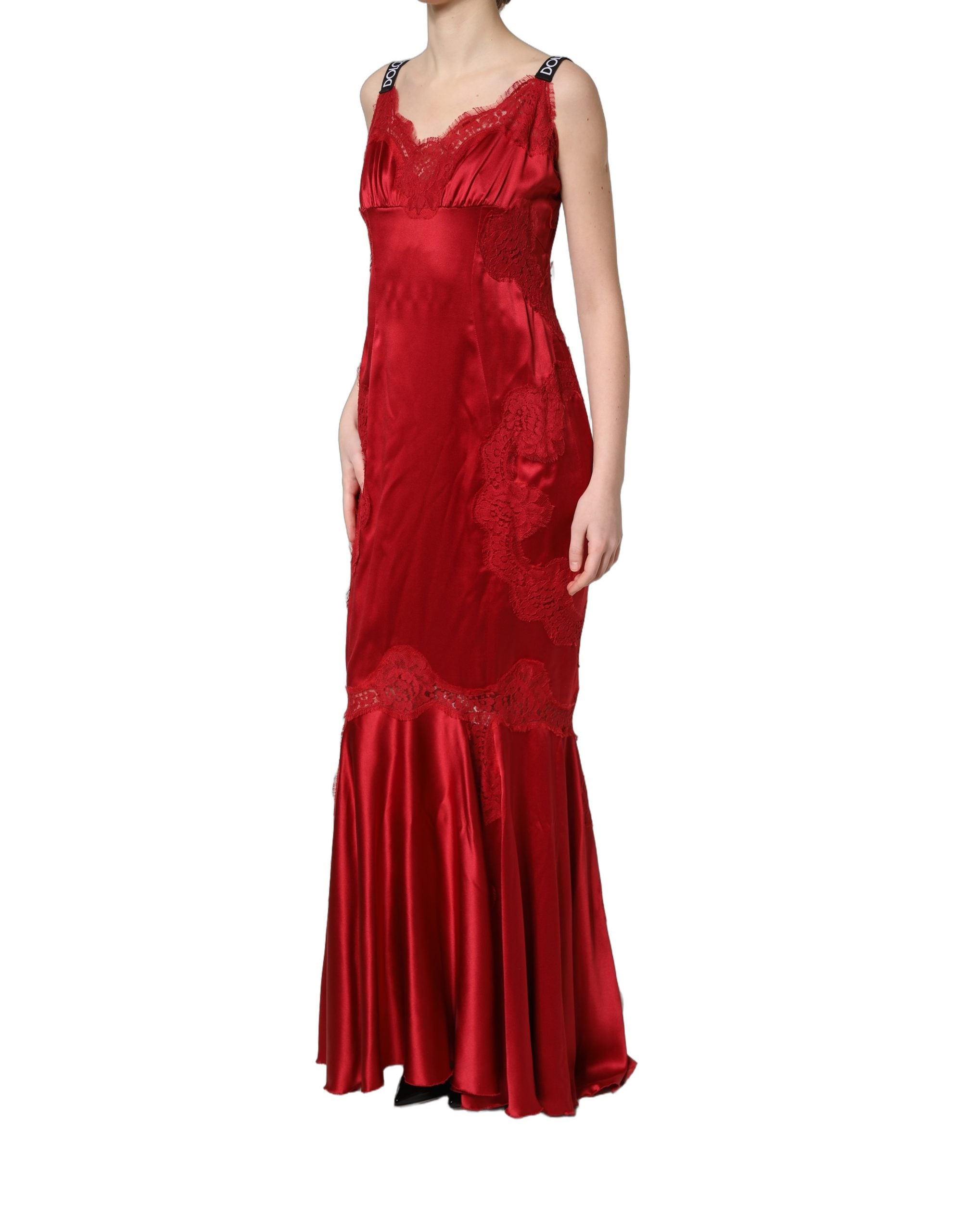 Dolce & Gabbana Ärmelloses Maxikleid aus roter Seide mit Spitzendetails
